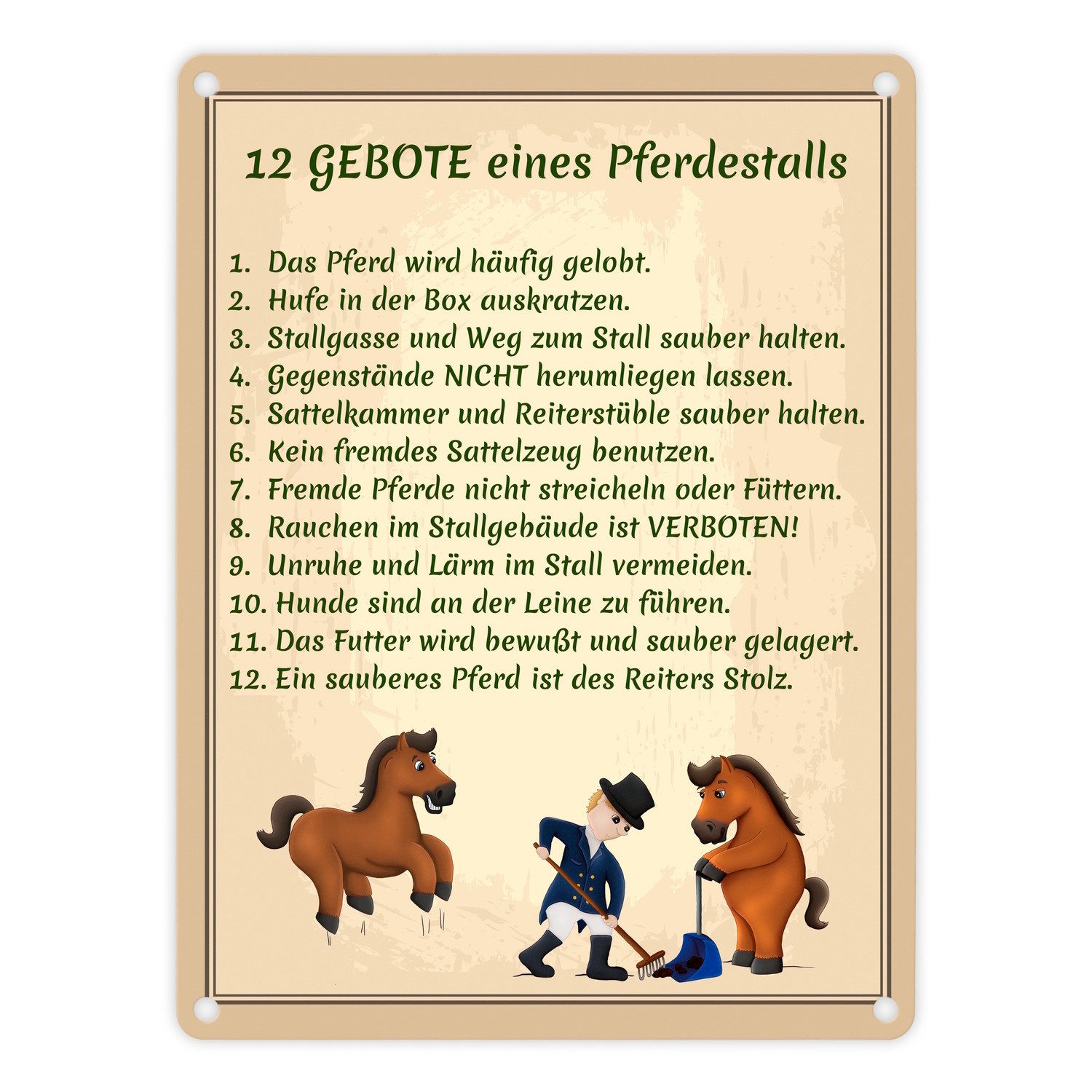 Metallschild 12 Gebote eines Pferdestalls Metallschild in 15x20 cm