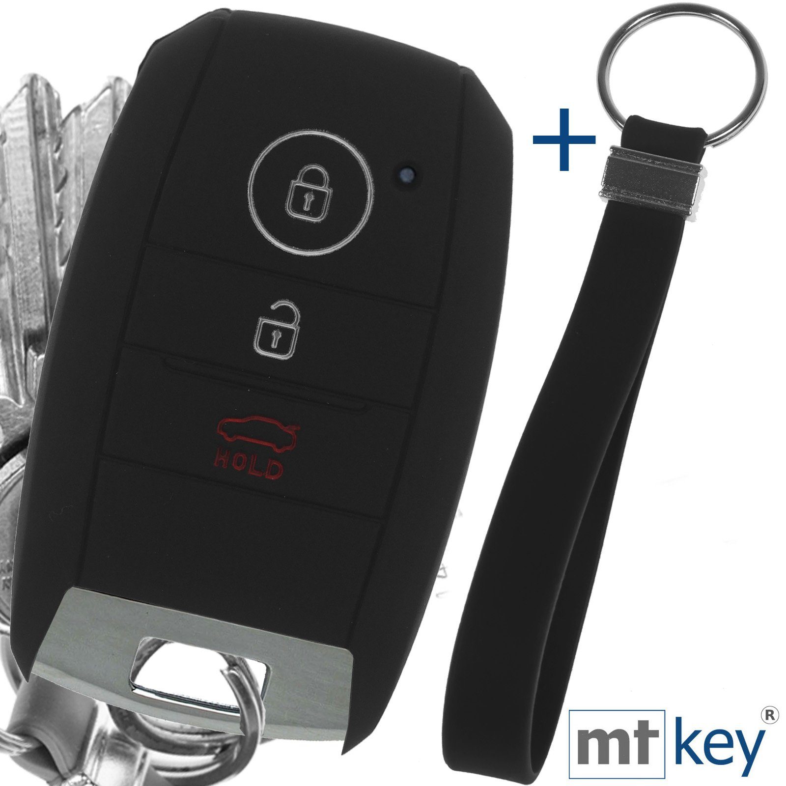 mt-key Schlüsseltasche Autoschlüssel Softcase Silikon Schutzhülle Schwarz mit Schlüsselband, für KIA Picantio Rio Ceed Soul Sportage Stonic 3 Tasten KEYLESS