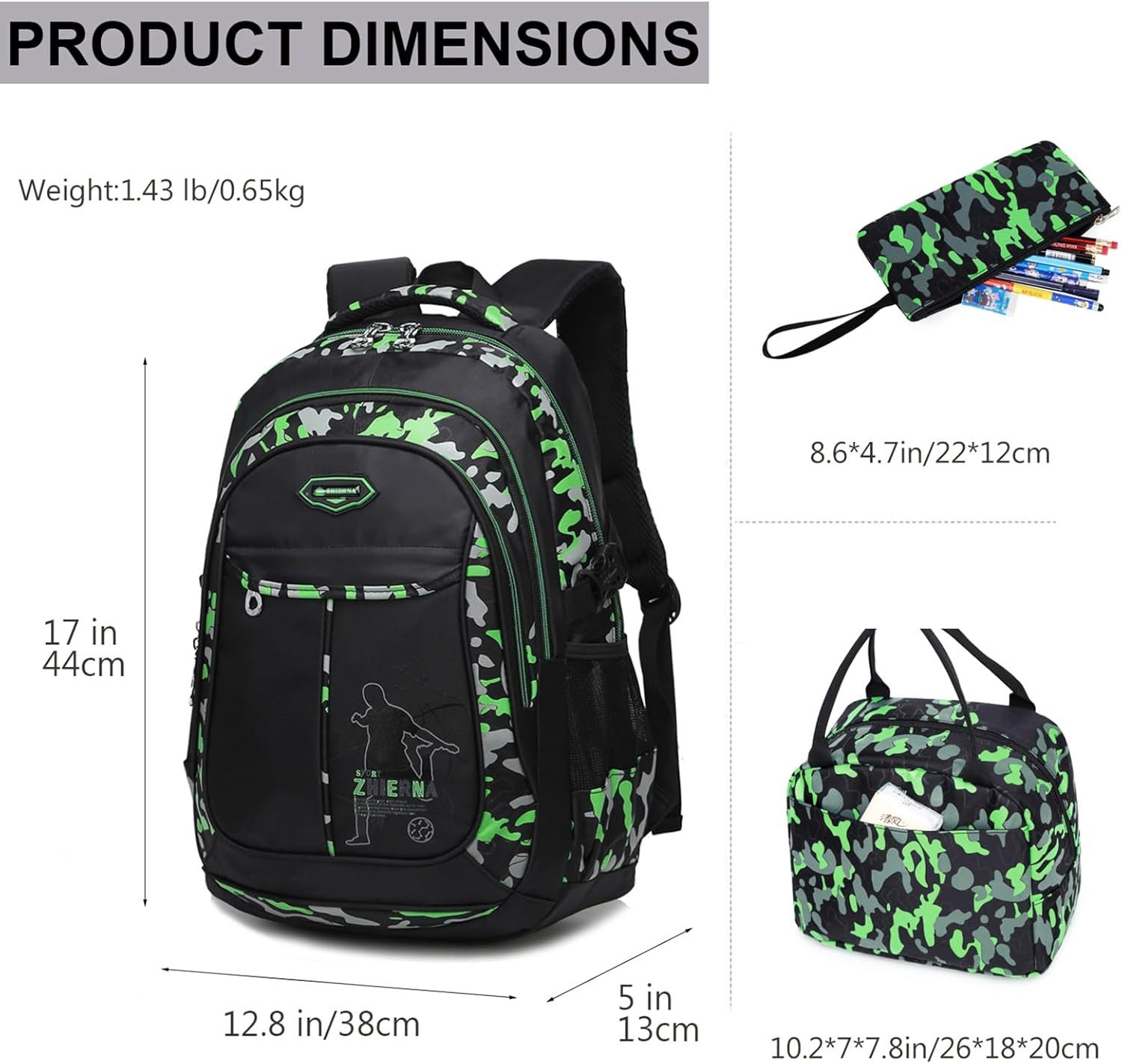 MOPUEA Schulrucksack Schulrucksack-Set Jungen Teenager coole Camouflage-Büchertaschen, mit Lunchbox, Federmäppchen, 3-teilig