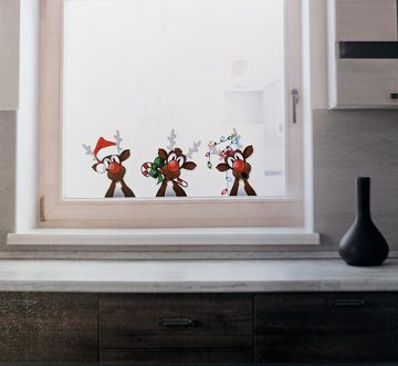 ROXUS Fensterbild Weihnachtsfensterbild 3 Sets"3 lustige Rentier", beidseitig sichtbar