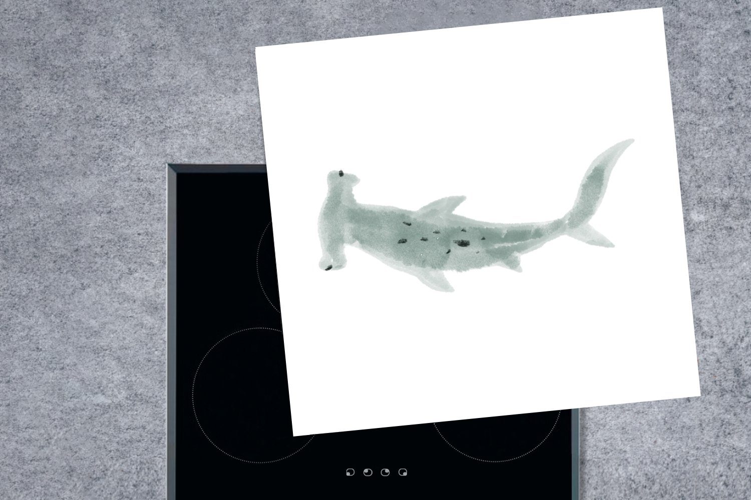 MuchoWow Herdblende-/Abdeckplatte Hai cm, Grau Arbeitsplatte - Vinyl, - küche für (1 78x78 Ceranfeldabdeckung, Fisch - tlg), Aquarell