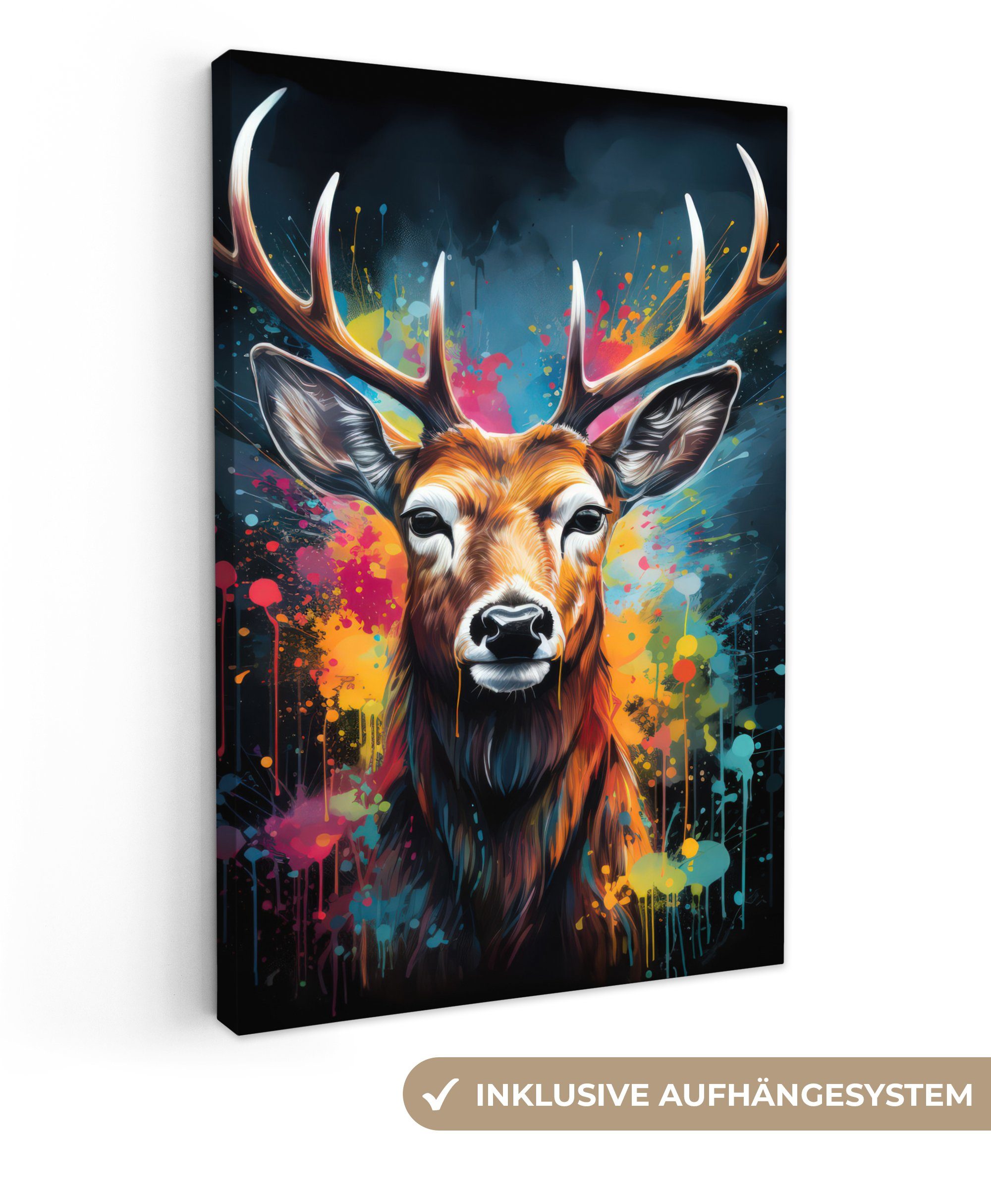 OneMillionCanvasses® Leinwandbild Hirsche - Graffiti - Tiere - Farben, Fotodruck (1 St), Deko für Wohnzimmer Schlafzimmer Küchen 40x60 cm