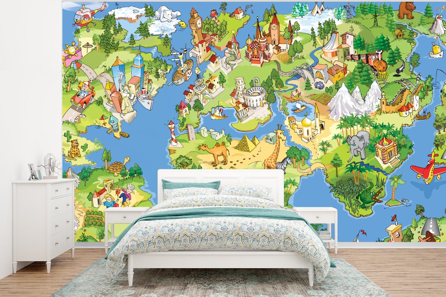 MuchoWow Fototapete Weltkarte - Kinder - Natur - Tiere - Blau - Grün, Matt, bedruckt, (6 St), Wallpaper für Wohnzimmer, Schlafzimmer, Kinderzimmer, Vinyl Tapete