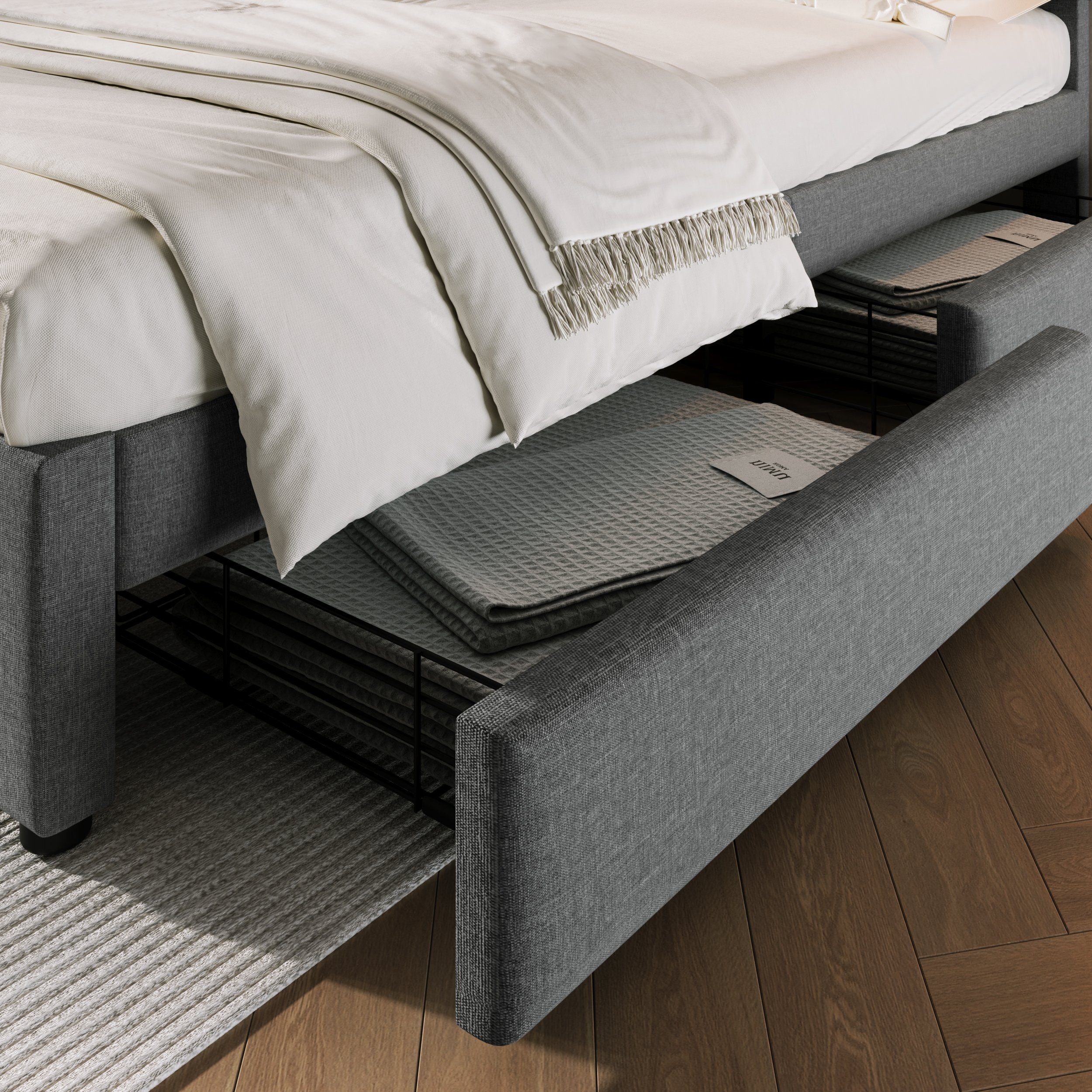 Polsterbett (Doppelbett mit Lattenrost und 4 Schubladen), Stauraumbett 160x200cm mit USB Typ C Ladefunktion Kopfteil, Leinen