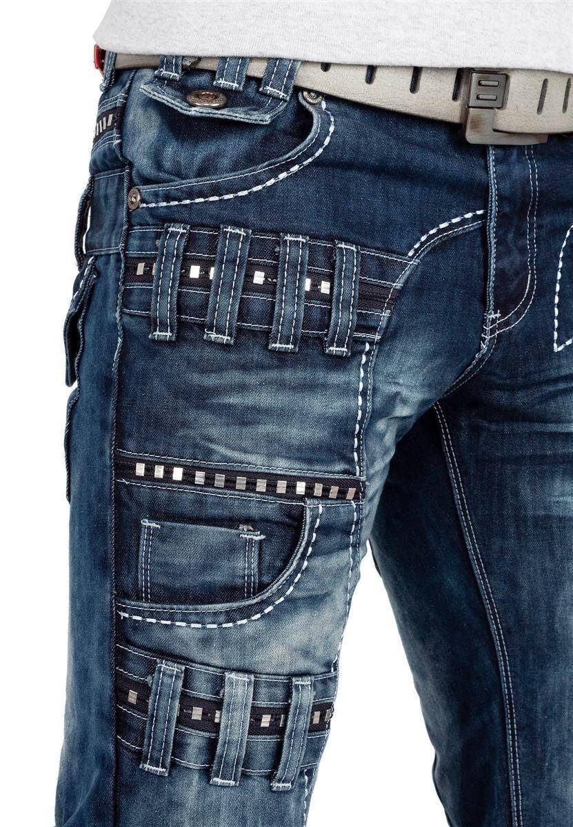 Kosmo Lupo 5-Pocket-Jeans Herren Regular Fit Hose Stonewashed KM8002 (1-tlg) mit stilvollen Nieten am Oberschenkel