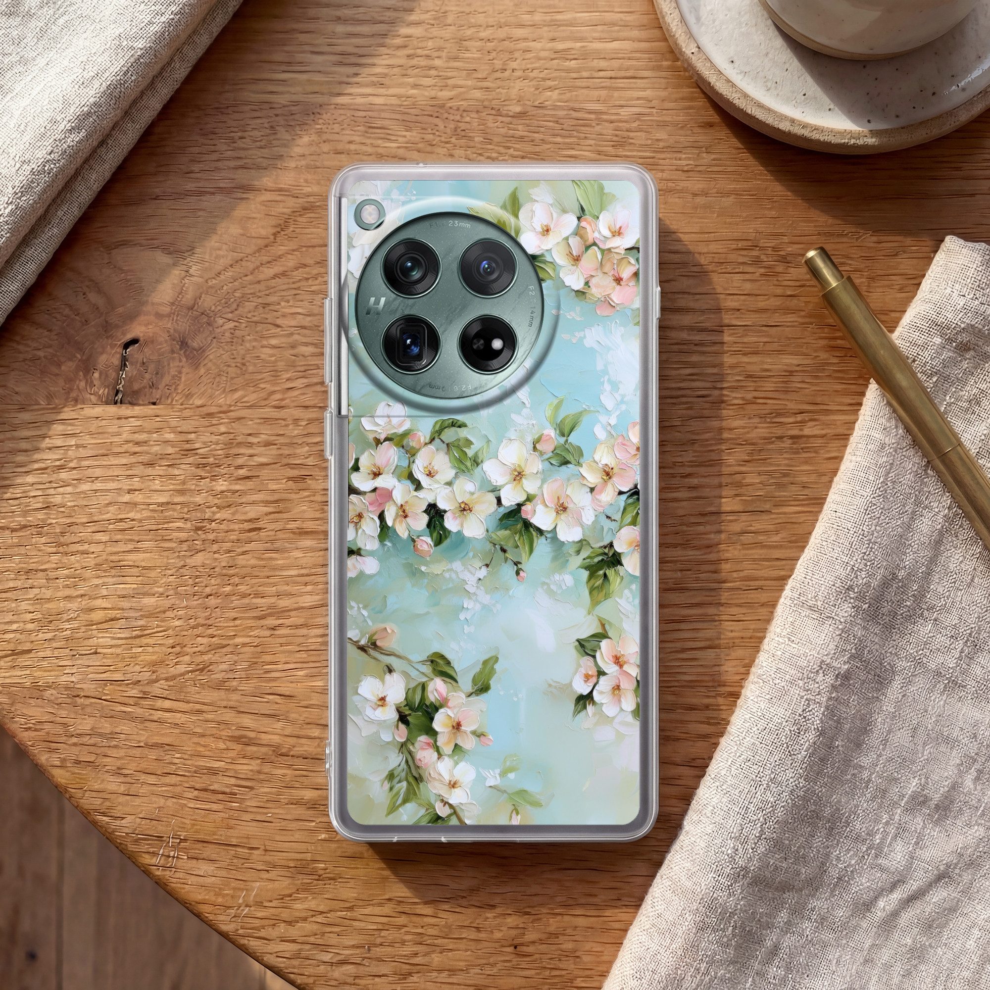 MuchoWow Handyhülle für OnePlus 12 Blossom - Blätter - Hellblau, Handy Case, Silikon, Bumper Case Dünn