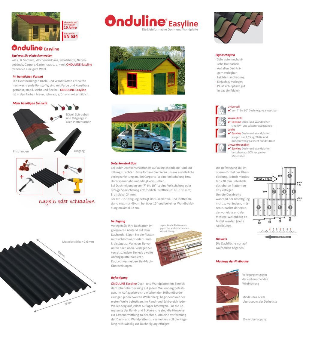 Onduline Dachpappe 3er Pack Dachplatte Easyline® Wellplatte Gartenhaus, Farbe: rot, wellig, 2.28 m² pro Paket, (3-St), Größe: 1000 x 760 x 2,6 mm, Profil: 95/38