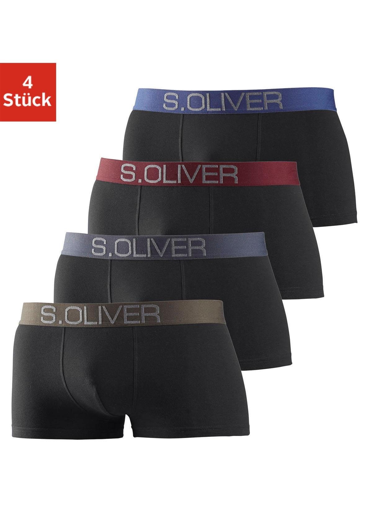 s.Oliver Boxershorts (Packung, Hipster-Form schwarz-khaki, Webbund schwarz-anthrazit, 4-St) in schwarz-bordeaux, mit kontrastfarbenem schwarz-blau