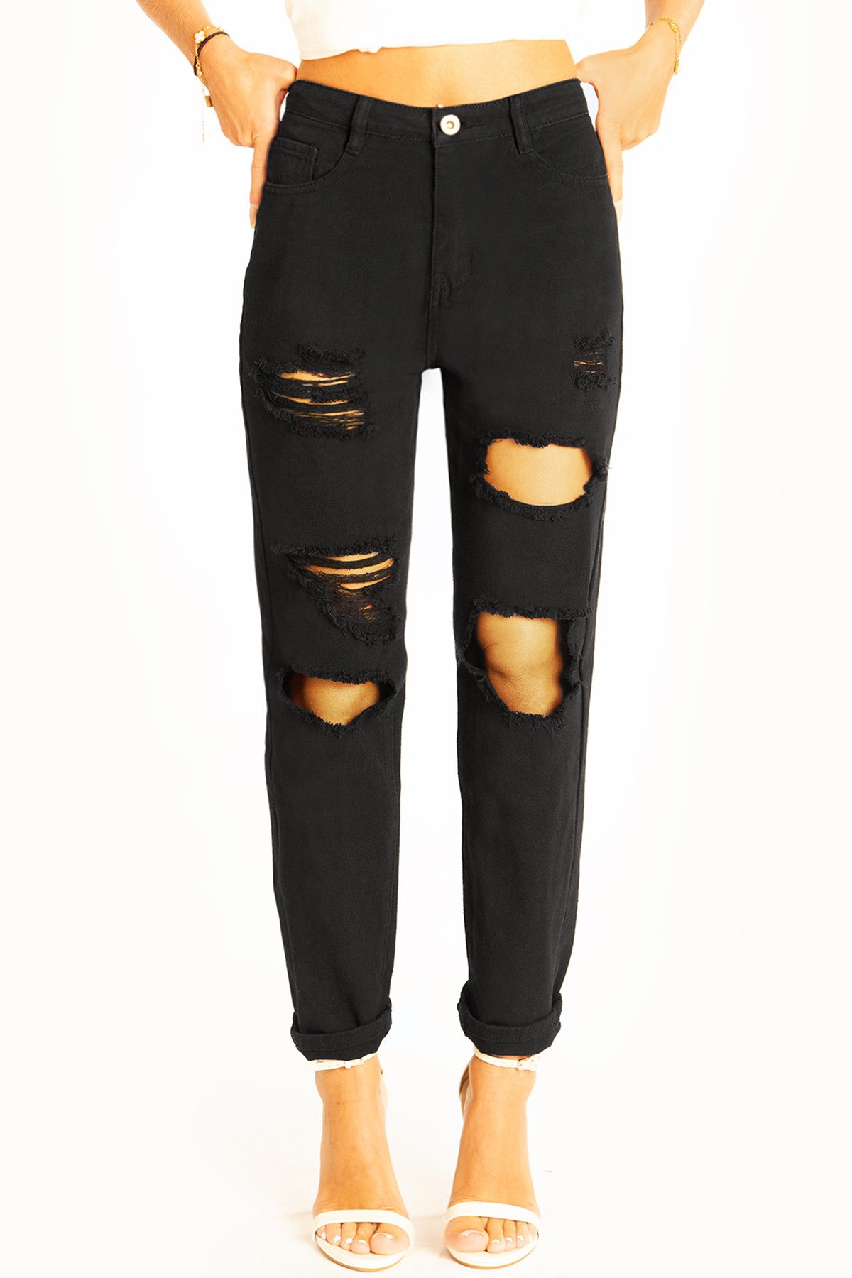 be styled Destroyed-Jeans Zerrissene Mom fit Jeans schwarze High Waist Hose - Damen - j11p-1