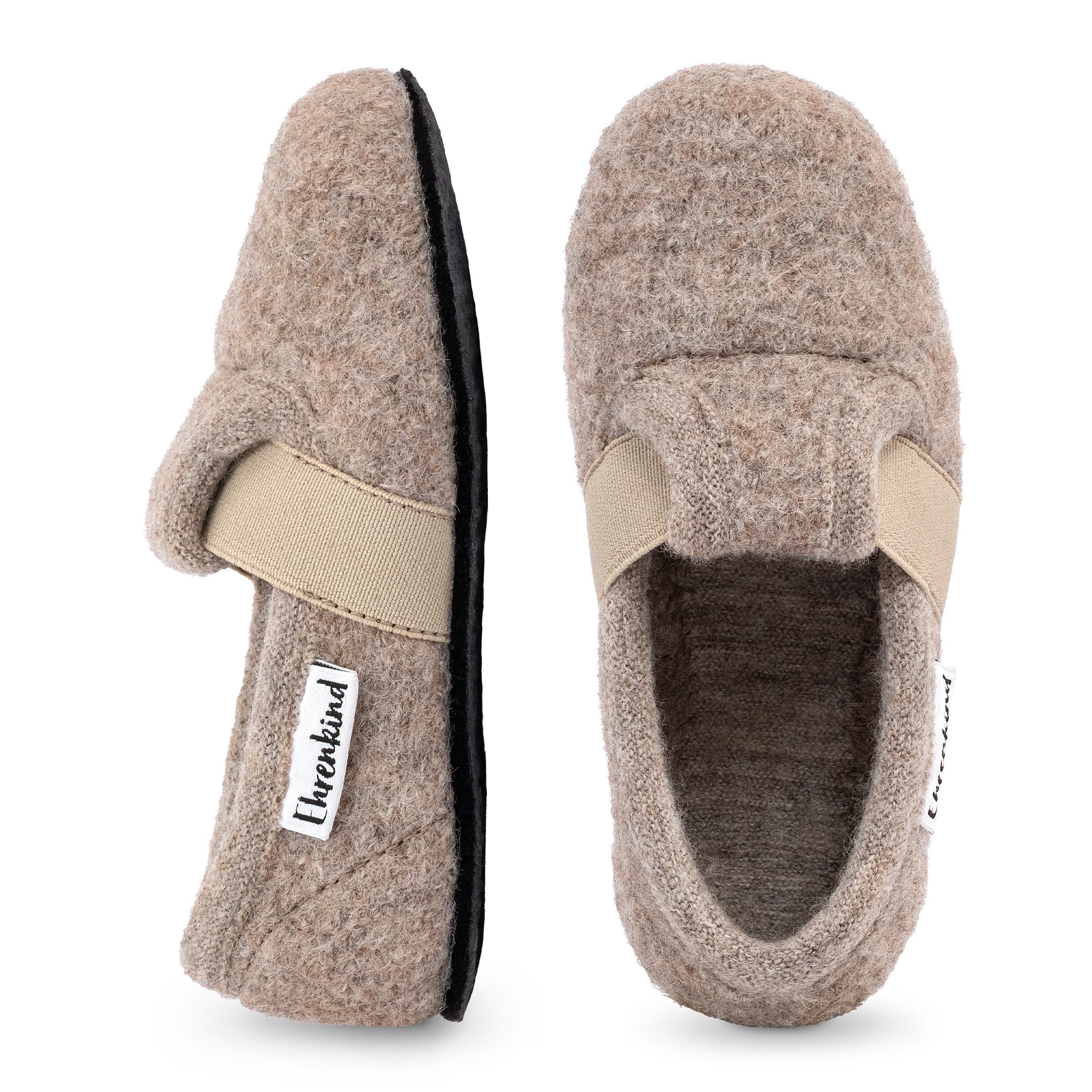 Ehrenkind Gemütliche, flache Kinder-Hausschuhe aus reiner Schurwolle Hüttenschuhe (atmungsaktiv & temperaturregulierend, rutschfest, Beige) ideal für Kindergarten, Schule und zu Hause