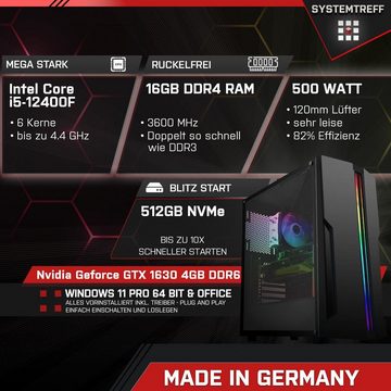 SYSTEMTREFF Basic Gaming-PC (Intel Core i5 12400F, GTX 1630, 16 GB RAM, 512 GB SSD, Luftkühlung, Windows 11, WLAN)