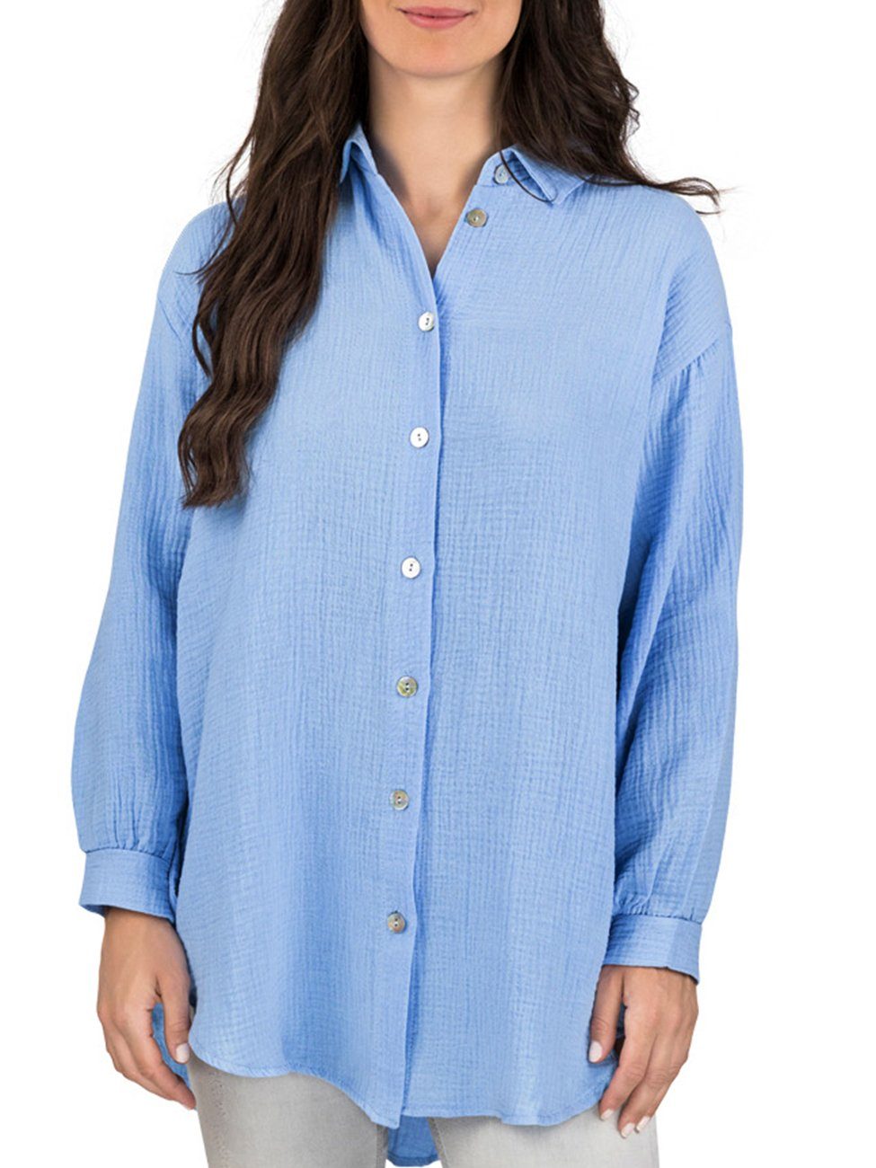 DENIMFY Hemdbluse Damen Bluse DFMathilda Oversize Fit Basic Musselin Hemd aus 100% Baumwolle Middle Blue (59319)