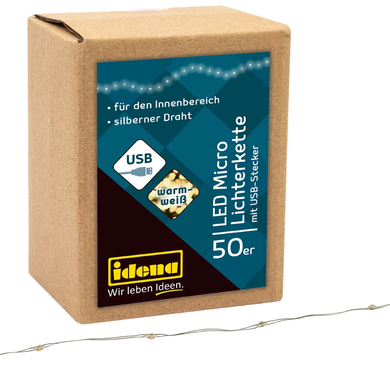 Idena LED-Lichterkette Idena 30257 - LED Micro Lichterkette mit 50 LEDs in Warmweiß, mit USB