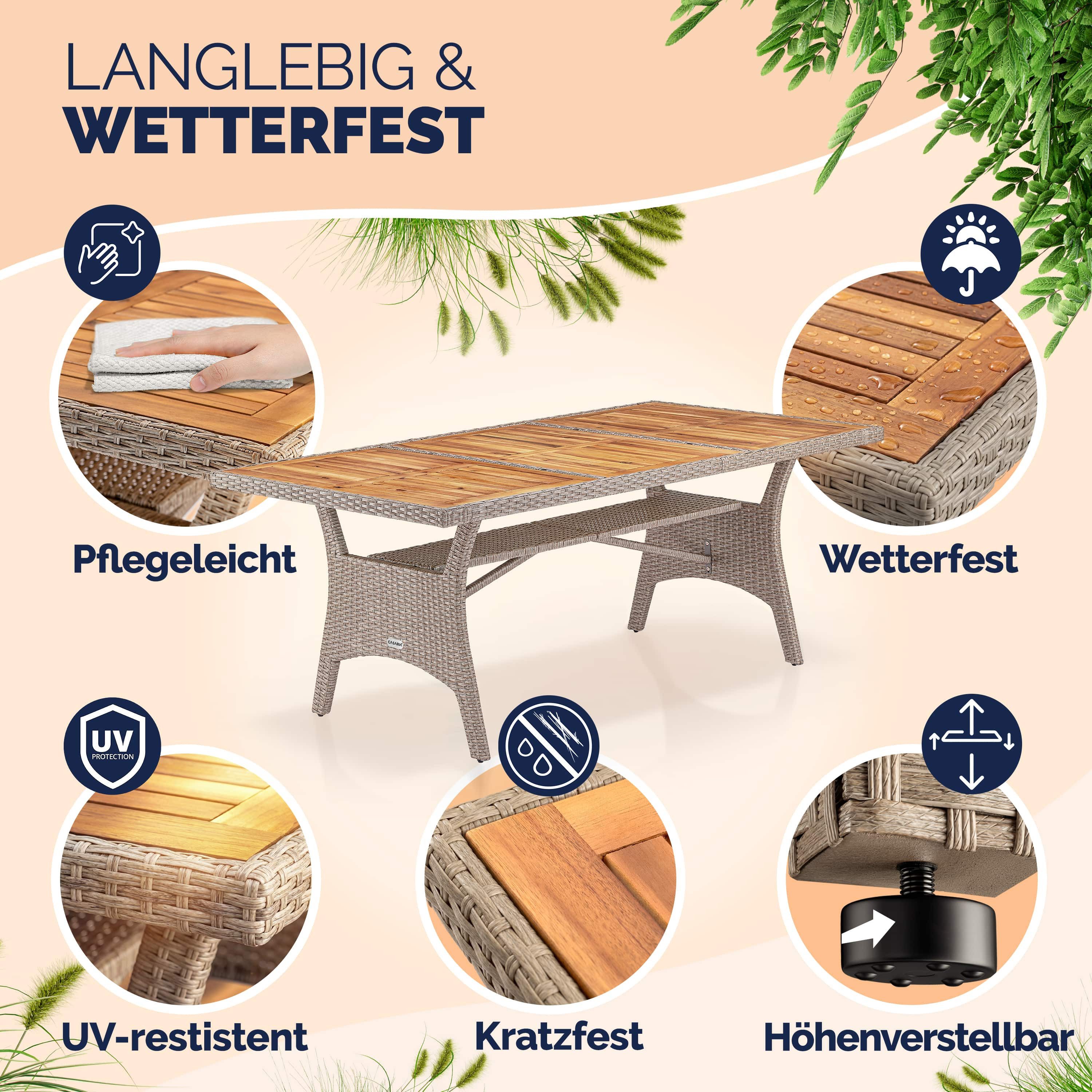 Casaria Gartentisch (1-St), Polyrattan mit Ablage FSC®- zertifiziertes Akazienholz 190x90cm