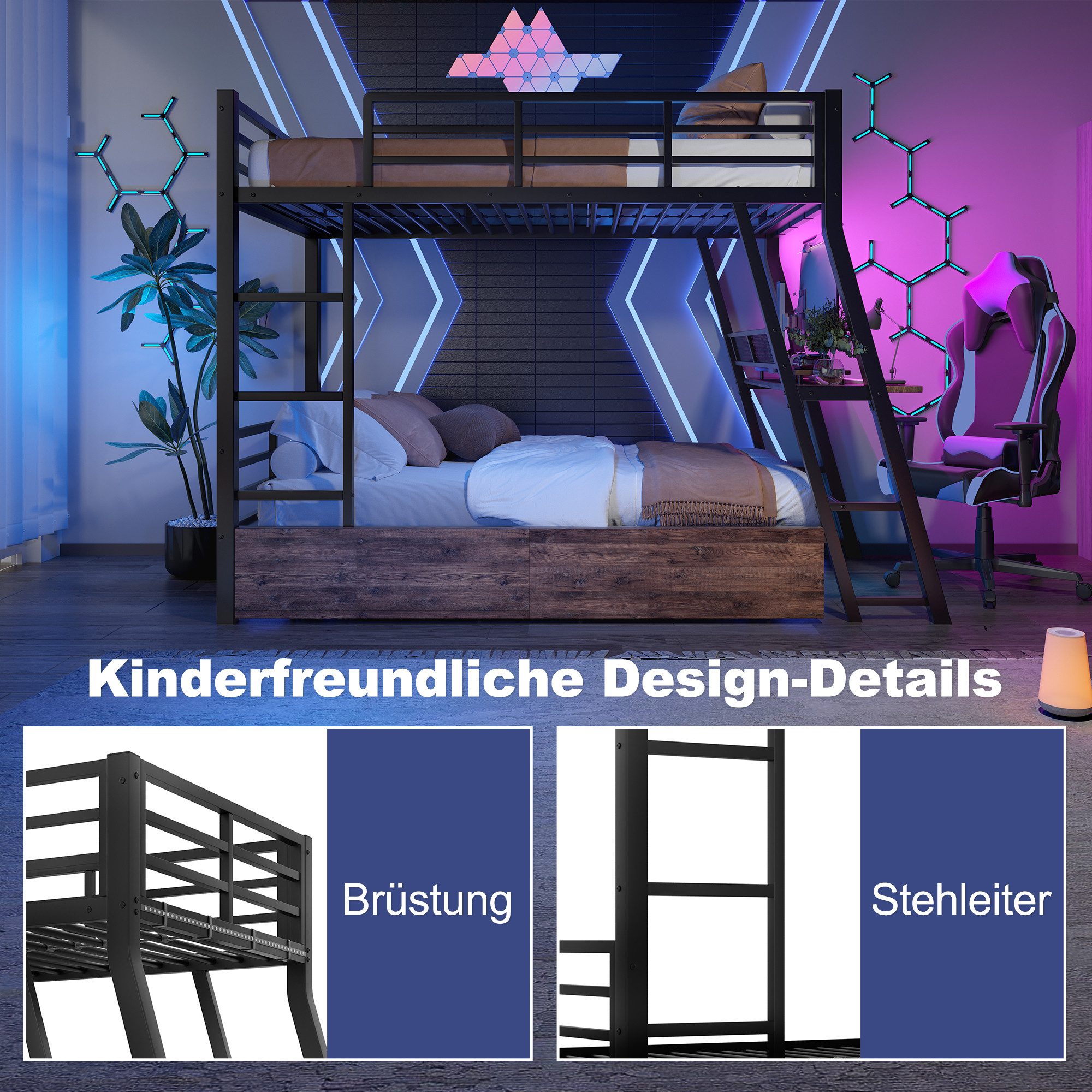 Flieks bunk bed, LED metal bed 90x200cm with fall protection, desk, drawers
