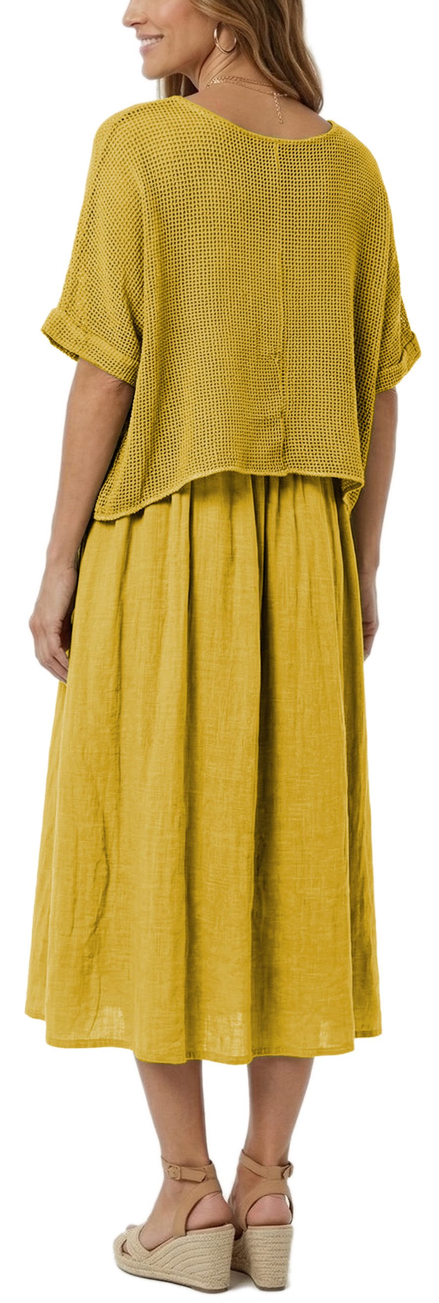 dy_mode Sommerkleid Damen Sommerkleid Midikleid in Zweiteiler-Optik Lagenlook Kleid in Unifarben, Zweiteiler-Optik