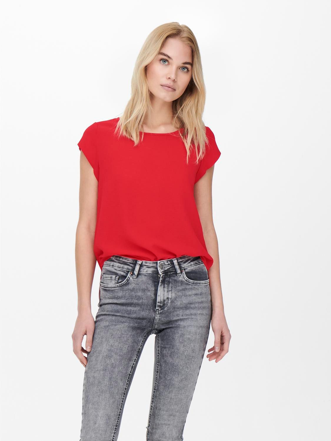 ONLY Kurzarmbluse ONLVIC – feminines Блузкиshirt in lockerer Form regular fit, Web, Kunstfaser, Rundhals, unifarben