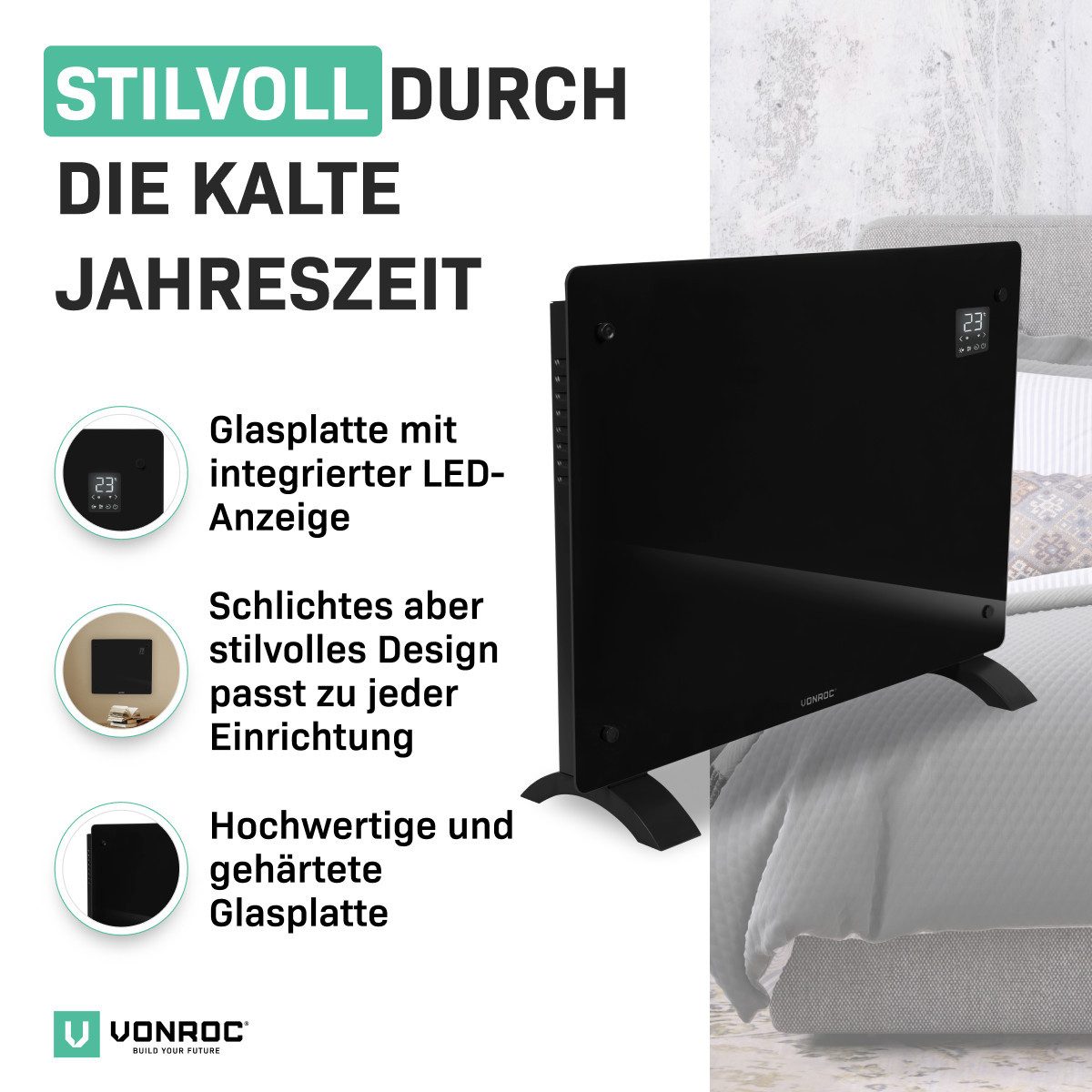 VONROC Heizkörper Elektroheizung in Varianten für 12 bis 30qm Räume, Elektrische Konvektorheizung 2 stufig - Manuelle/App Steuerung