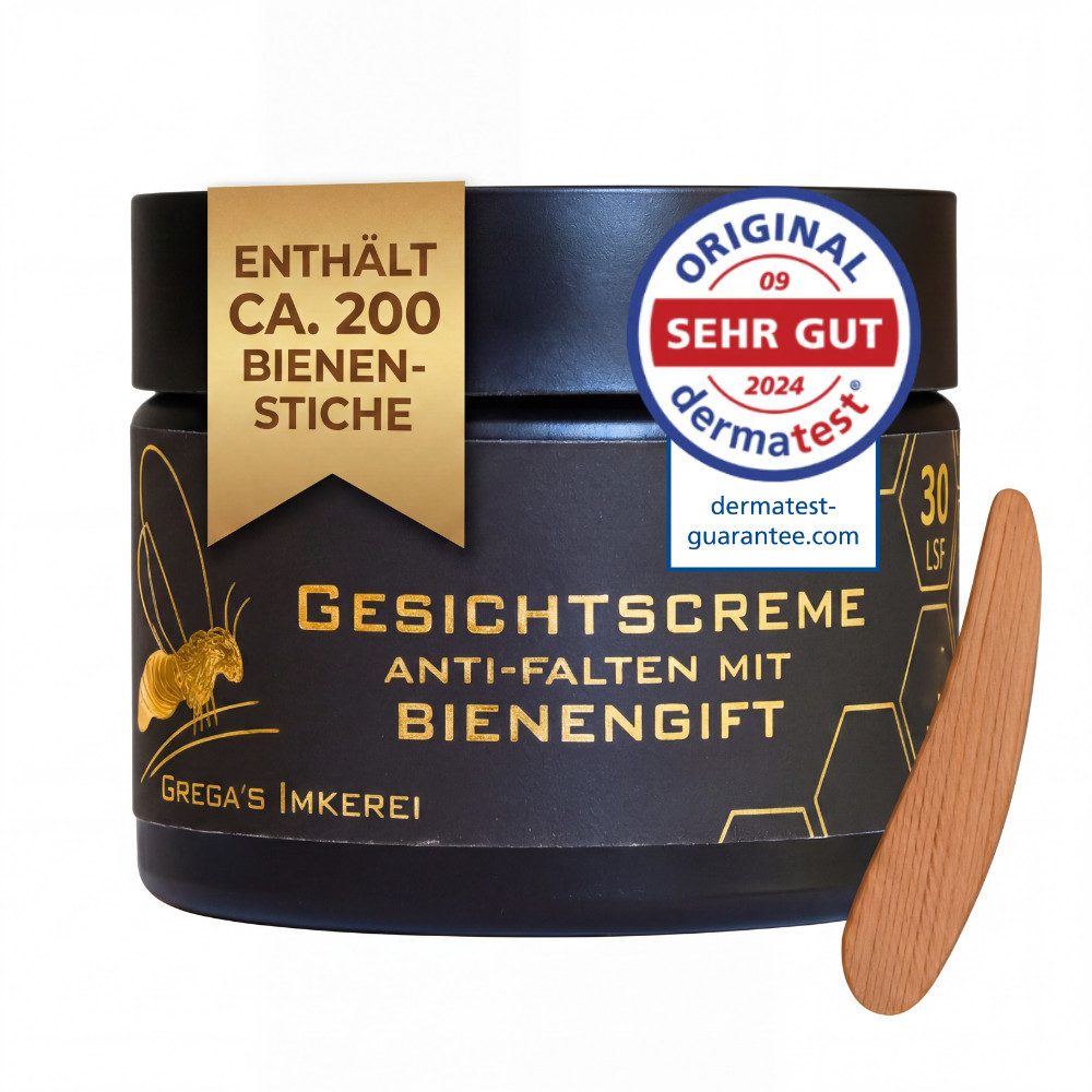 Grega´s Imkerei Anti-Aging-Creme Bienengift Manuka Hyaluron Creme 50 ml im Derma Test „Sehr gut“ Hochdosiert (entspricht ca. 200 Bienenstichen), 1-tlg., 50 ml Glastiegel inkl. Massivholz Cremspatel
