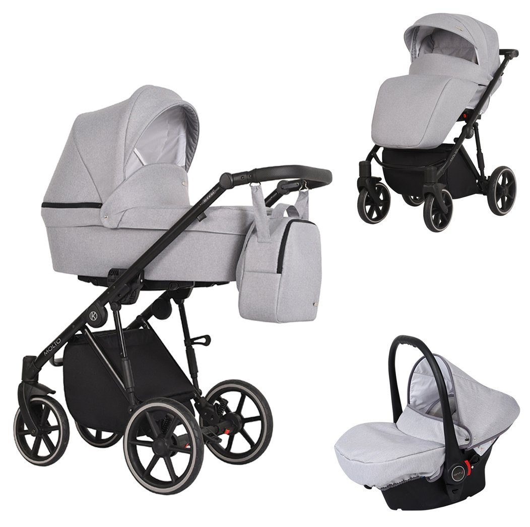 babies-on-wheels Kombi-Kinderwagen Molto 3 in 1 inkl. Autositz - 13 Teile - von Geburt bis 4 Jahre Hellgrau = schwarzes Gestell | Kombikinderwagen