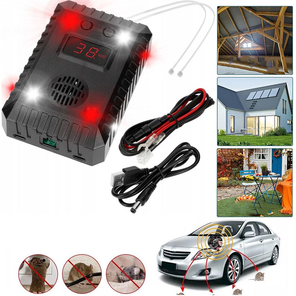 PRIISF Ultraschall-Tierabwehr Ultraschall Marderabwehr Marderschreck Marderschutz Repeller Auto Haus, DC 12-24V KFZ Mäuseabwehr USB Marderfrei Maus/Ratte Wegfahren, 80m² Ultraschall & Blitzlicht Mäuseschreck, Effektiver Marderschutz für Auto, Garage, Haus, Garten, Dachboden