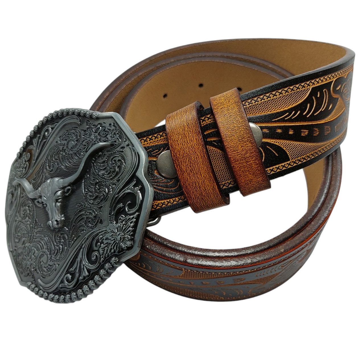 Ware aus aller Welt Ledergürtel Wild West Wechselgürtel Western Gürtel mit Longhorn Gürtelschnalle