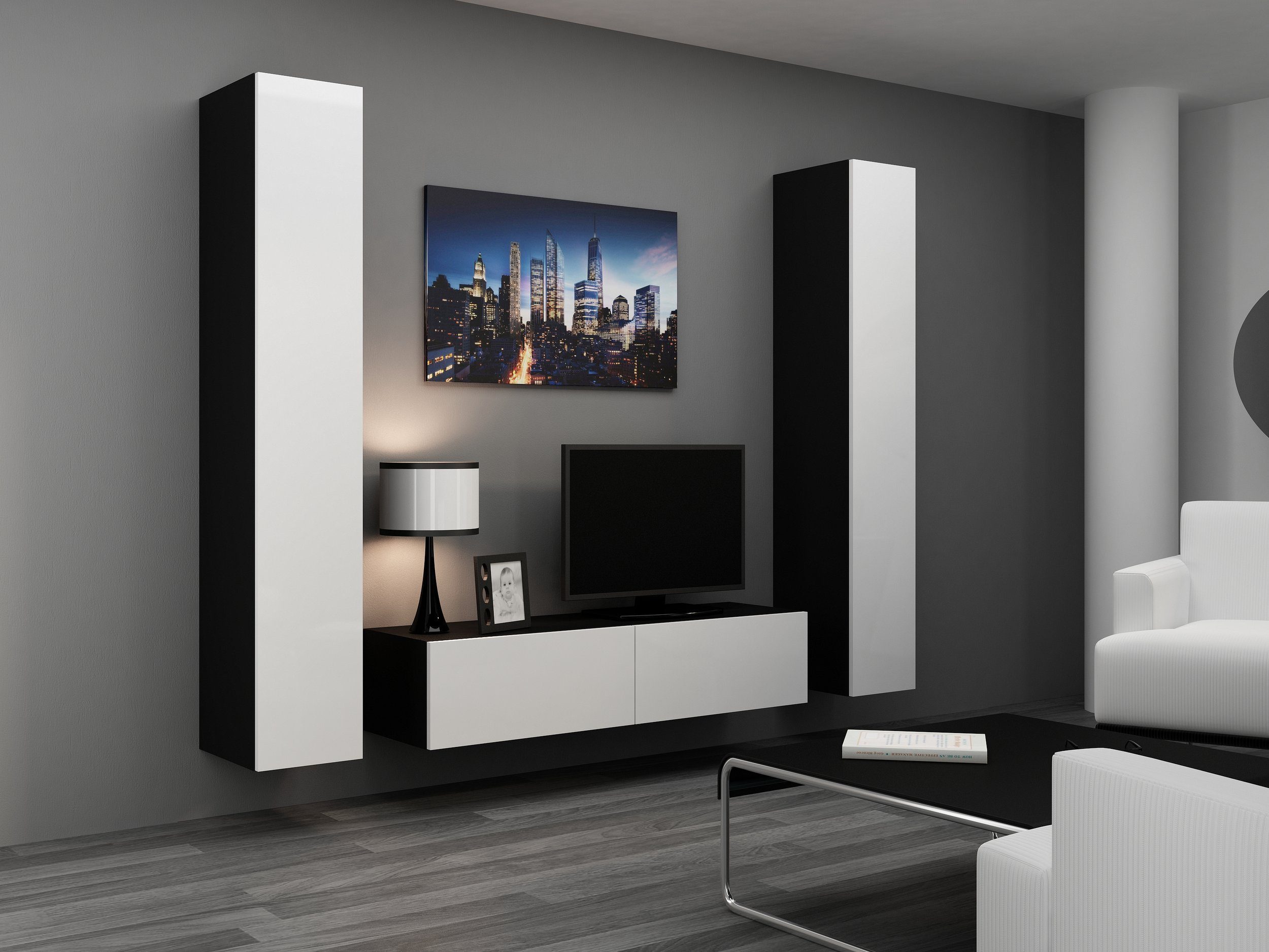Stylefy Wohnwand Vago IX, (Set (3-St), Hochglanzfronten, aus Design Wohnzimmer-Set), Push-to-Open, bestehend 1xLowboard und Schwarz/Weiß mit Wohnmöbel, 2xHängeschrank, Modern