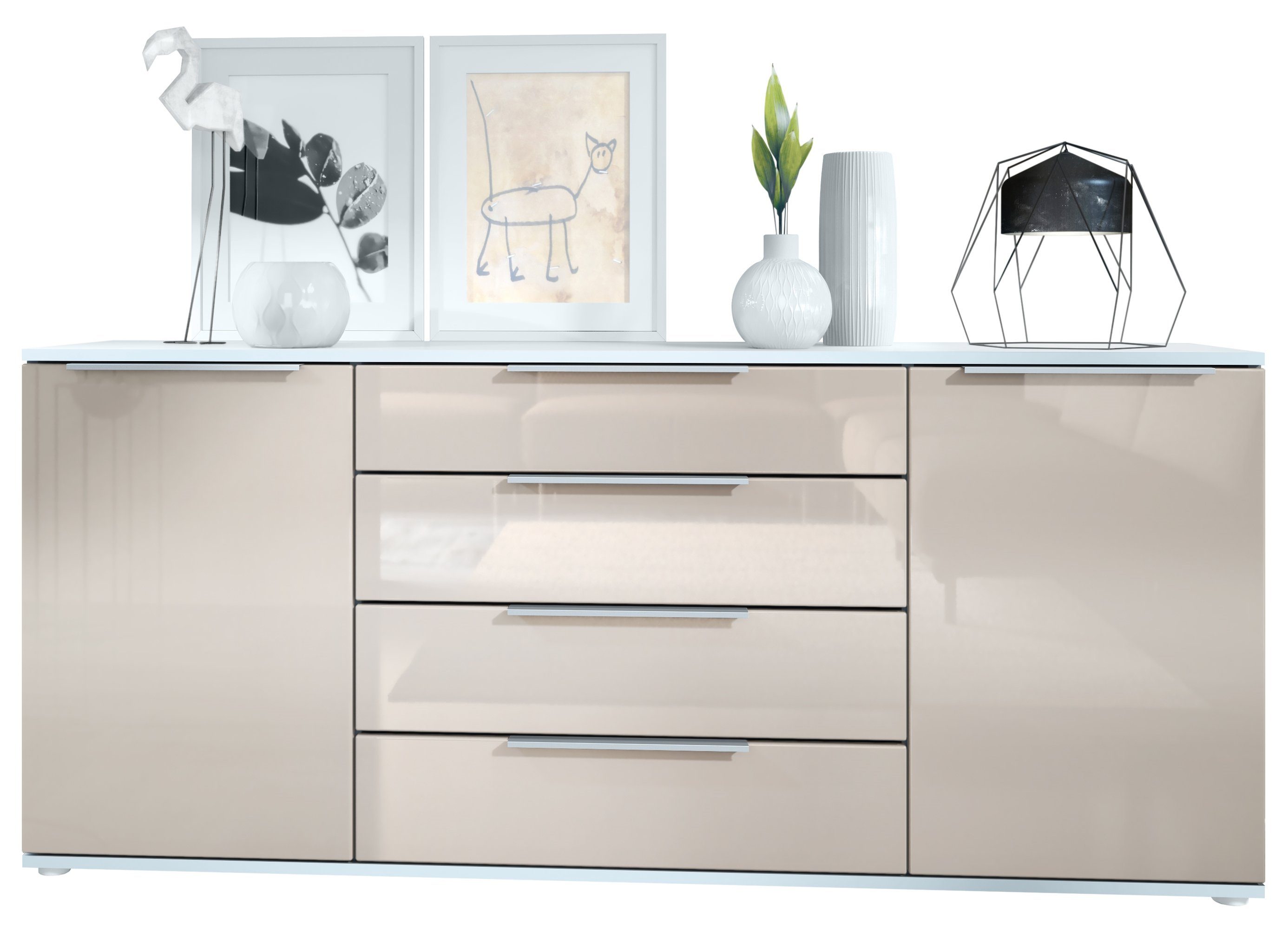 Vladon Sideboard Linio (Anrichte, mit 2 Türen und 4 Schubladen), Weiß matt/Sandgrau Hochglanz (166,5 x 72,5 x 35 cm)