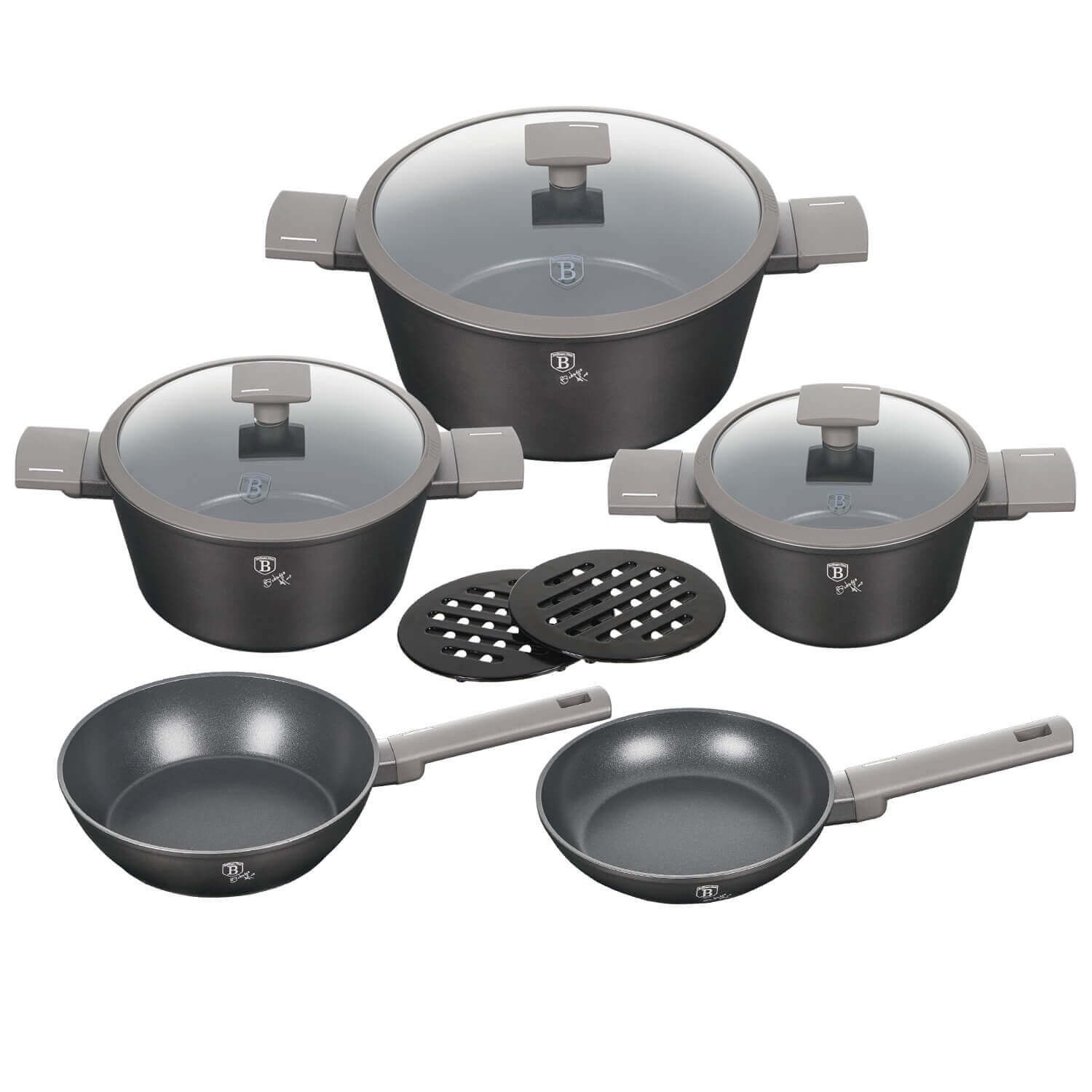 BerlingerHaus Topf-Set Antracit Collection, Aluminiumguss (Kochtopf-Set, 10-tlg., Geeignet für alle Herdarten), Silikongriffe