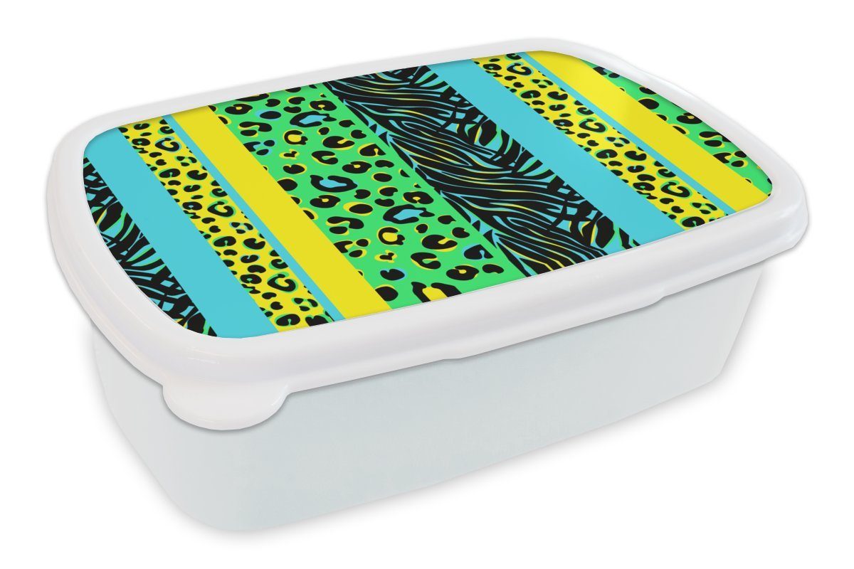 MuchoWow Lunchbox Design - Pantherdruck - Gelb - Grün, Kunststoff, (2-tlg), Brotbox für Kinder und Erwachsene, Brotdose, für Jungs und Mädchen weiß