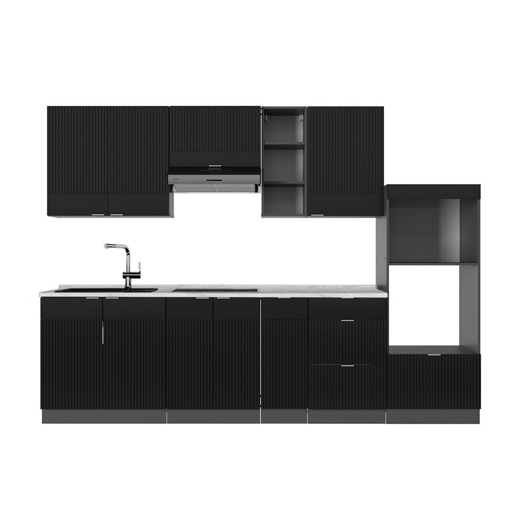 Vicco Küchenzeile Fame-Line, Schwarz gestreift/Anthrazit/Anthrazit, 280 cm, AP Marmor