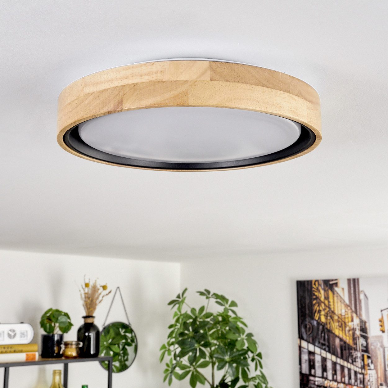 hofstein Deckenleuchte Deckenlampe aus Holz/Metall/Kunststoff in Natur/farbenWeiß, LED wechselbar, 3000 Kelvin, im skandinavisch/modernen Design mit rundem Schirm (30cm), 1-flammig