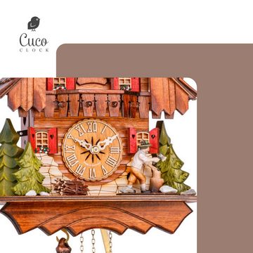 Cuco Clock Pendelwanduhr Kuckucksuhr Schwarzwalduhr "Der Holzhacker" Wanduhr aus Holz (17 x 23 x 26cm, 1 - Tage Werk, manuelle Nachtabschaltung)
