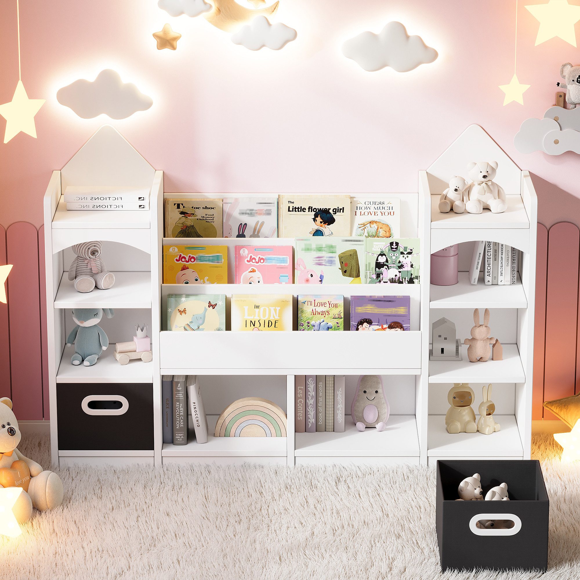 Flieks Bücherregal, 1-tlg., Spielzeugregal Kinderbuchregal mit 2 klappbaren Aufbewahrungsboxen