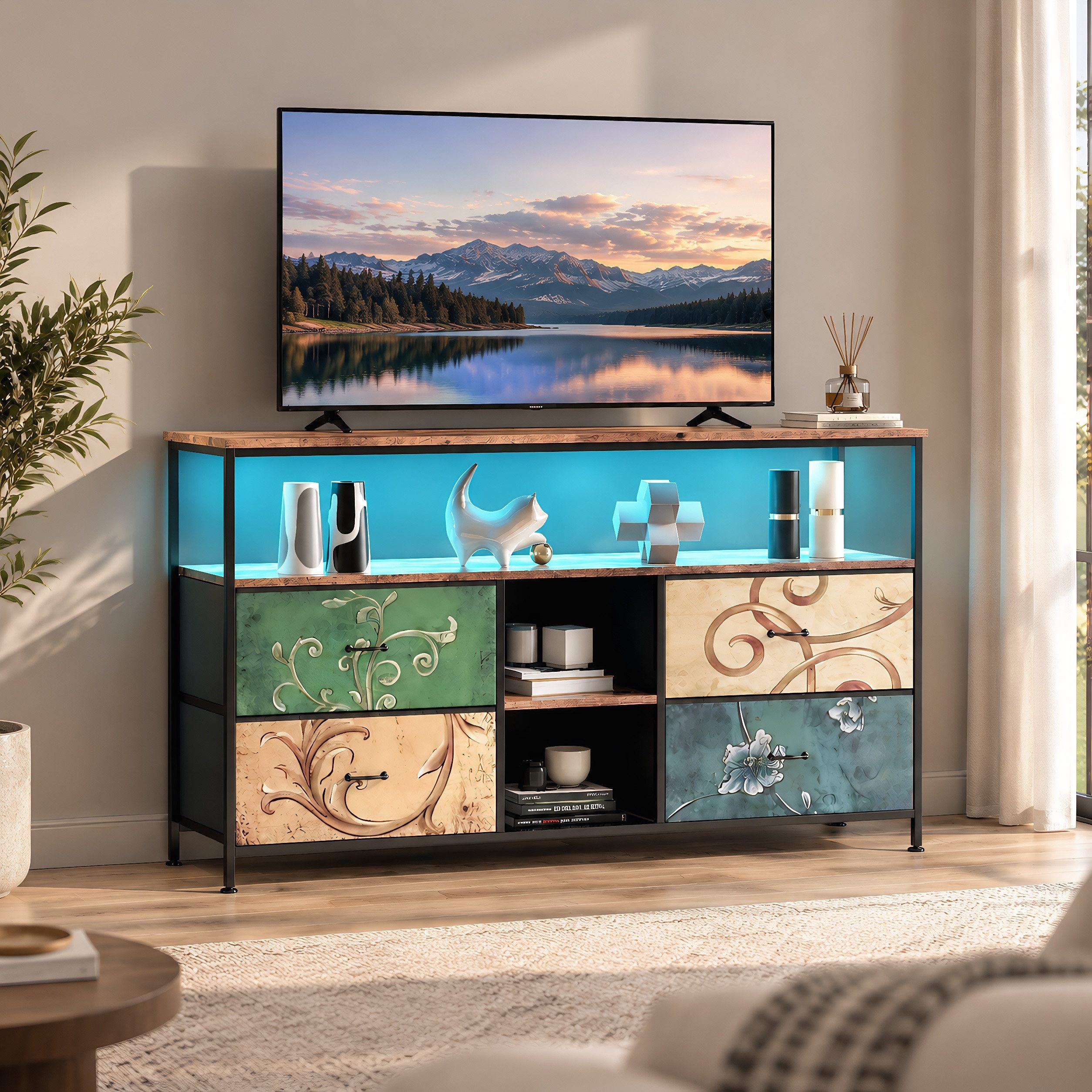 Simurq TV-Schrank Lowboard TV-Bank, mit LED und Schubladen und offenen Regalen (1er Set) mit LED und 4 Schubladen und 2 offenen Regalen, 108x29.8x76.8 – Bild 2 von 5