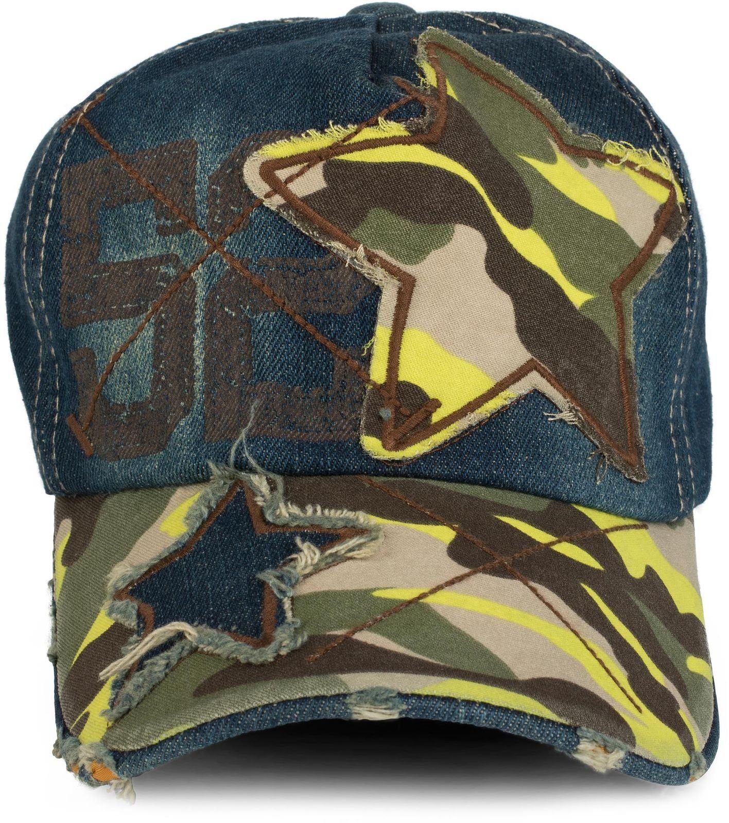 styleBREAKER Baseball Cap Camouflage Jeans und Stern Muster Cap Neongelb / Dunkelblau (1-St) mit