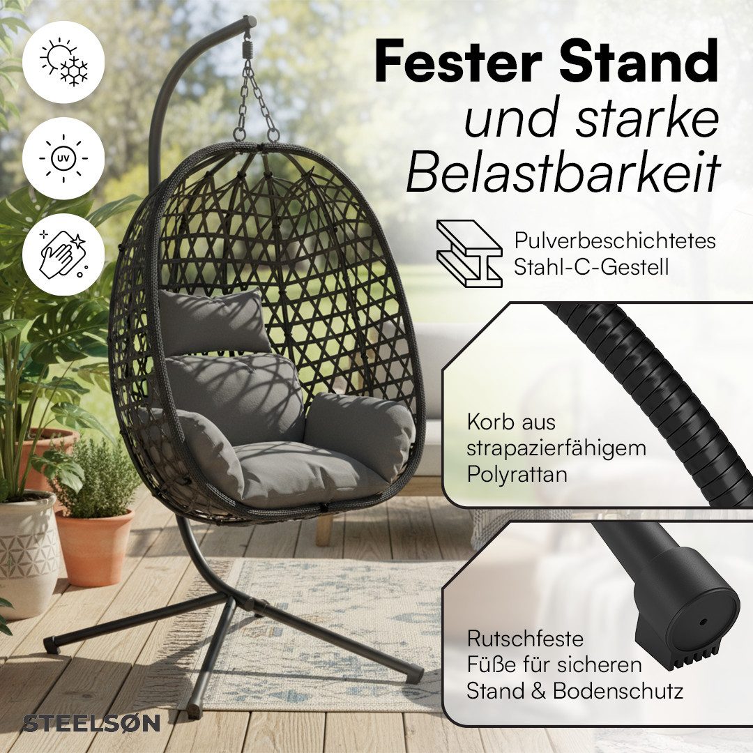 STEELSØN Hängesessel Sarin mit Sitzkissen (grau, bis 150 kg belastbar), Rattan-Korb & Metallgestell, Indoor & Outdoor geeignet