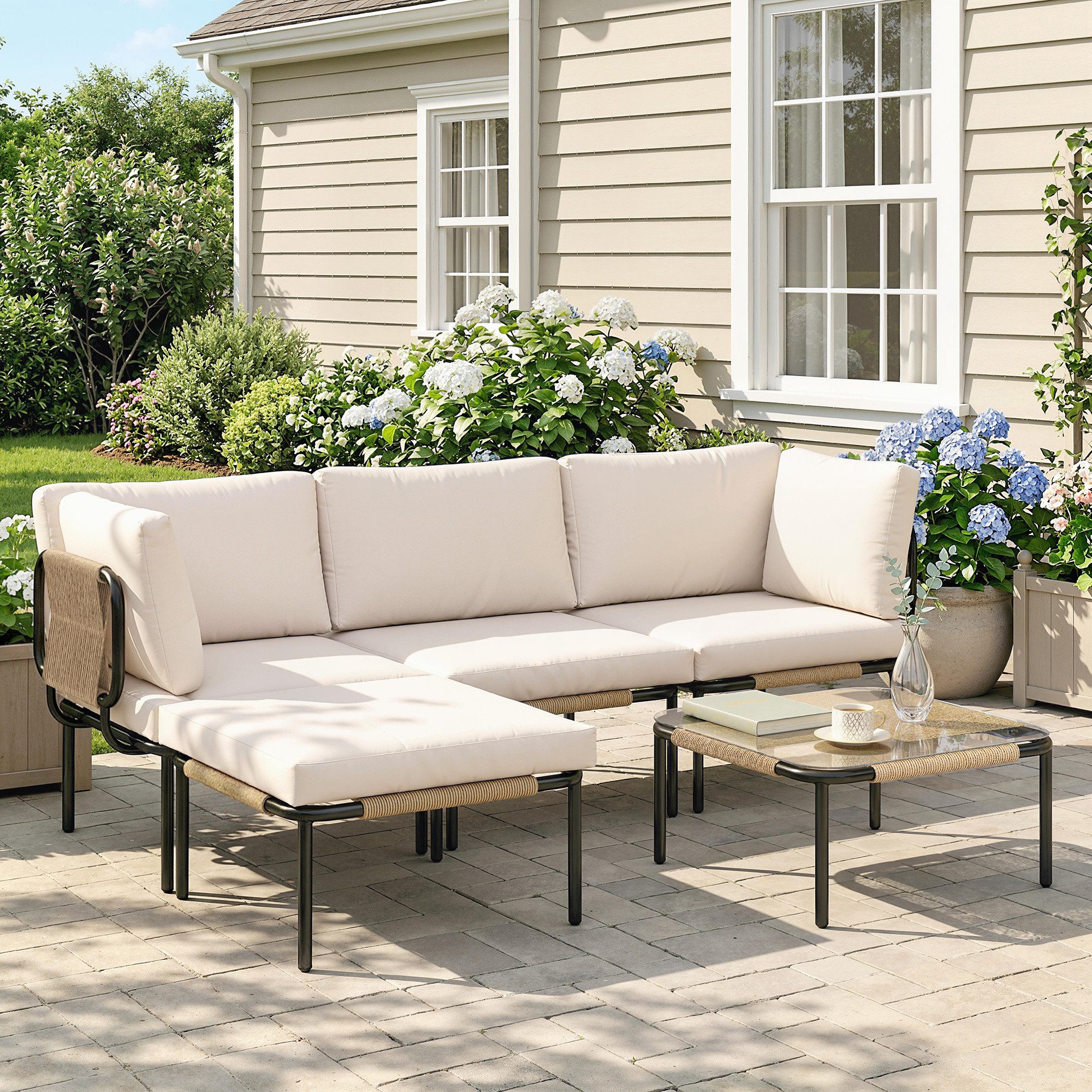 Outsunny Sitzgruppe mit 3 Sessel, Glastisch, Hocker, Breit & Tief Sitz, abnehmbar Kissen, (Lounge Set, 5-tlg., Polyrattan Gartenmöbel Set), für Garten Terrasse Khaki