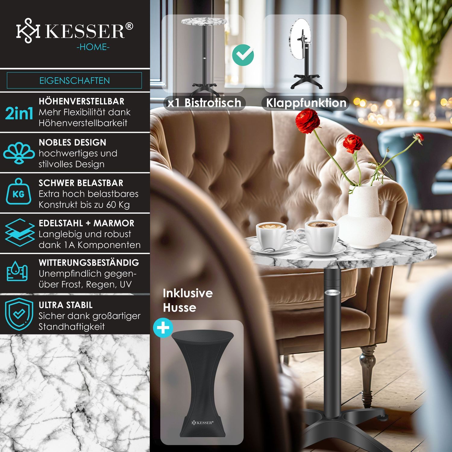 KESSER Bistrotisch, 2in1 Stehtisch klappbar Bistrotisch Aluminium Edelstahlplatte