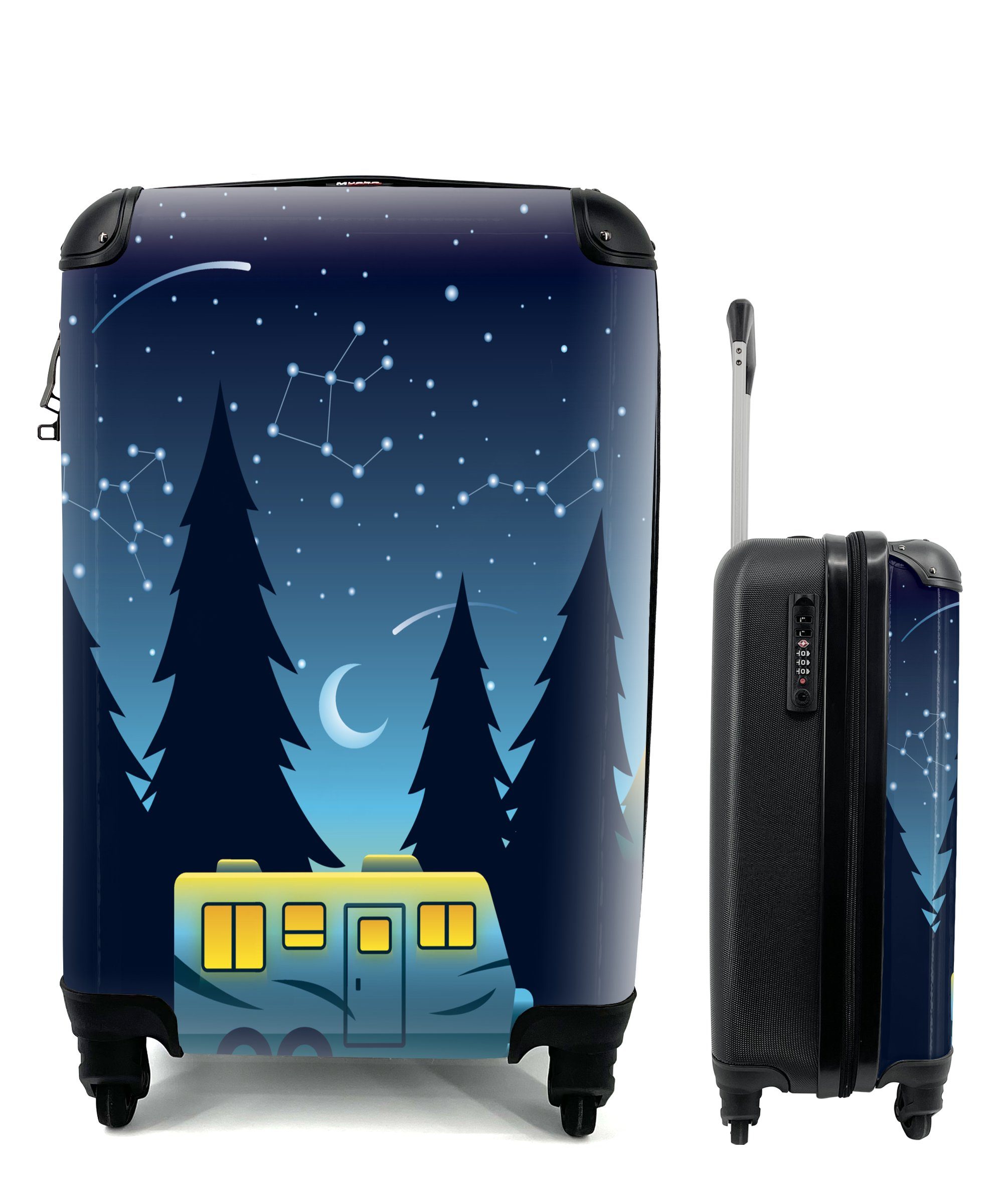 MuchoWow Handgepäckkoffer Illustration eines Wohnmobils unter dem Sternenhimmel, 4 Rollen, Reisetasche mit rollen, Handgepäck für Ferien, Trolley, Reisekoffer