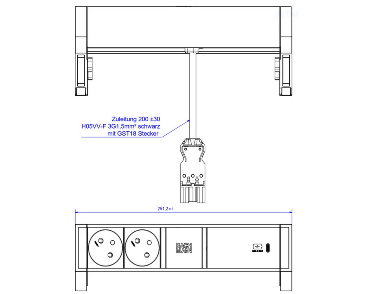 Thumbnail - Bachmann DESK2 ALU BLACK 2xUTE 1xUSBC 60W 0,2m GST18 Steckdosenleiste (Kabellänge 0.2 m)