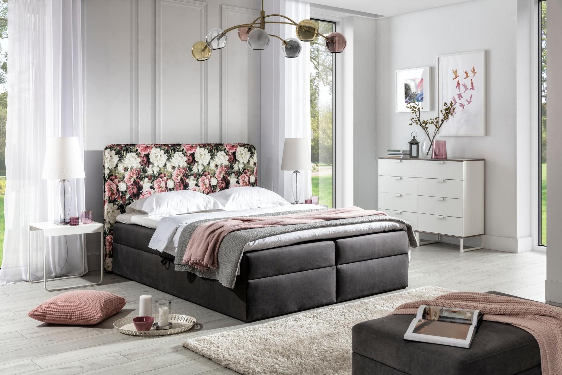 JVmoebel Boxspringbett Blumen Schwarz Textil Boxspringbett Doppel für Hotel Schlafzimmer, Made in Europa