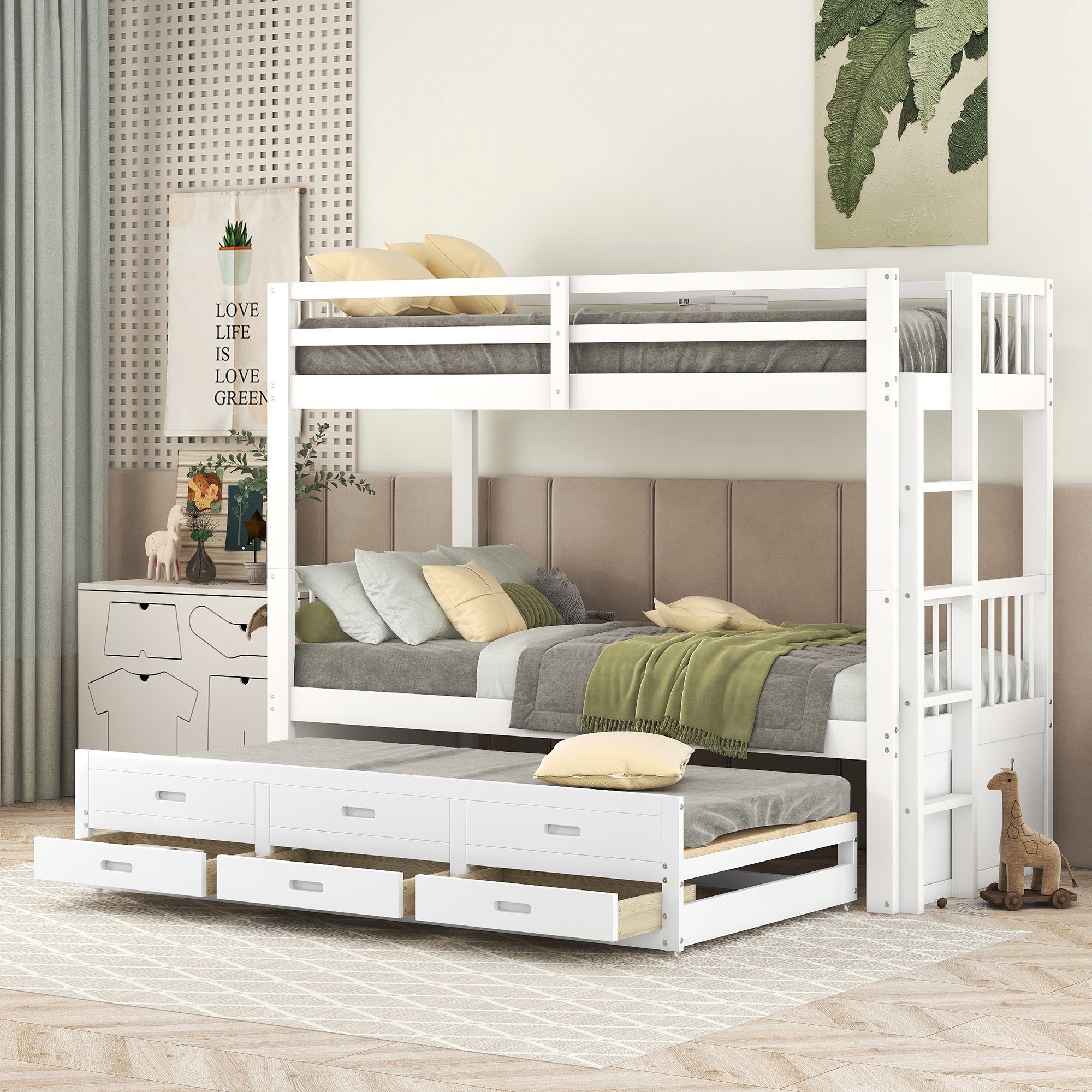 Celya Etagenbett Kinderbett Hausbett Bettgestell Kiefer MDF undausziehbarem  Bett (mit Leiter undausziehbarem Bett und 3 Schubladen), für Mädchen und  Jungen