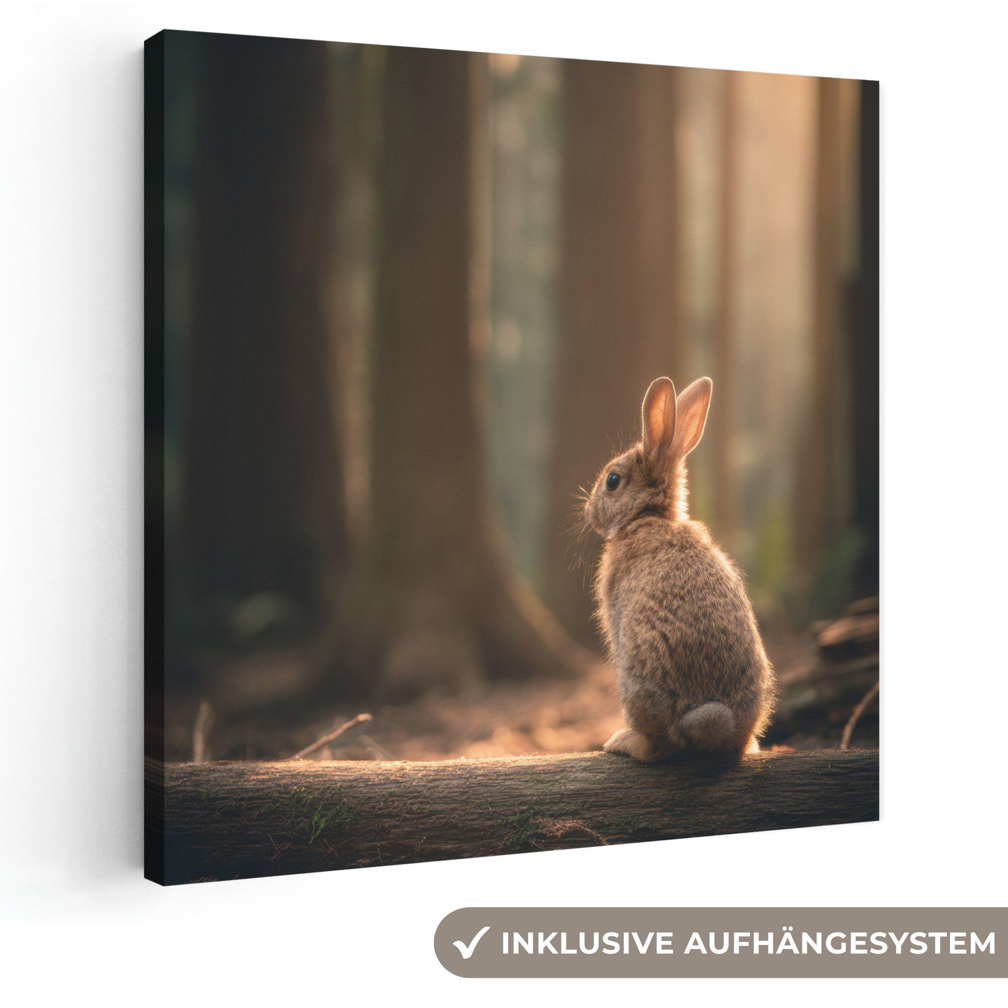 OneMillionCanvasses® Leinwandbild Kaninchen - Wald - Sonnenstrahlen, Fotodruck (1 St), Wandbild, Deko Schlafzimmer Wohnzimmer Flur 20x20 cm