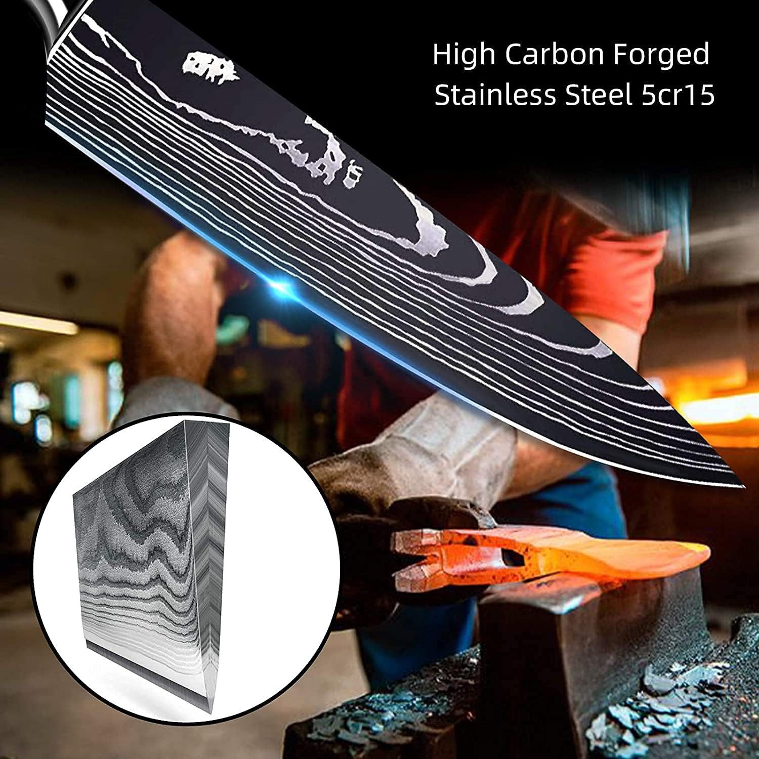 HT Messer-Set Messerset aus Hochwertigem Carbon Edelstahl, Küchenmesser Set (8-tlg), Scharf Messer Set, Profi Kochmesser Set mit Ergonomischen Griff – Bild 5 von 5