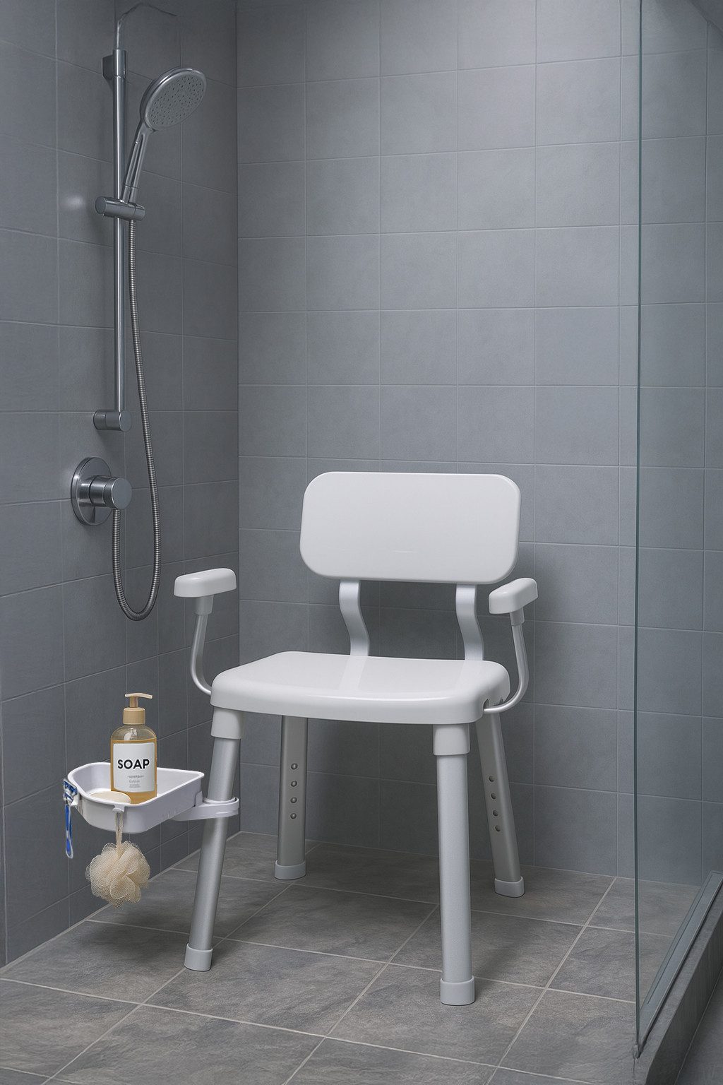 Bischof Dusch- und Badhocker Splash Deluxe, belastbar bis 150 kg, mit schwenkbarer Ablage 28x21cm, TÜV-GS