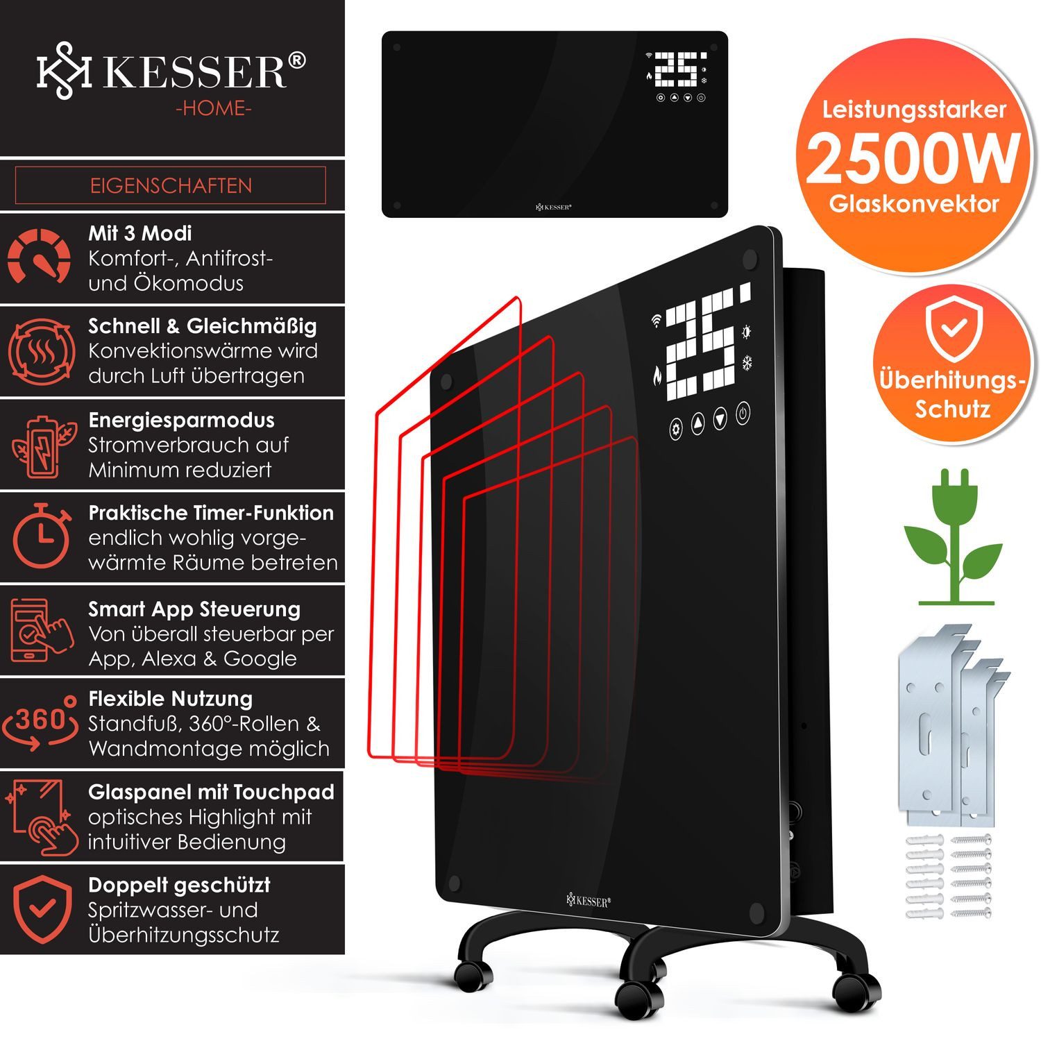 KESSER Heizgerät, 2500 W, Glaskonvektor Glas günstig online kaufen