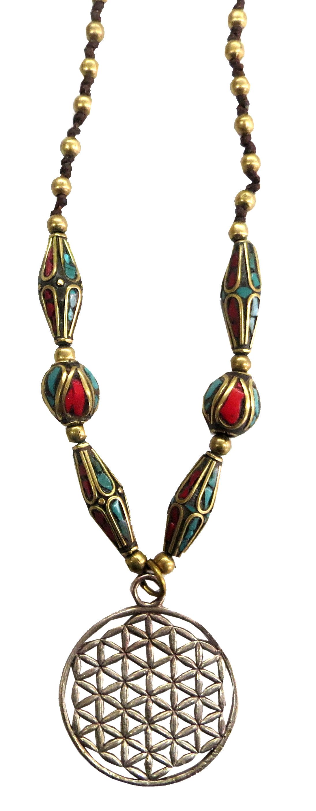 Kette mit Anhänger Halskette "Blume des Lebens " Kupfer mit Messing- und Nepalperlen 55cm