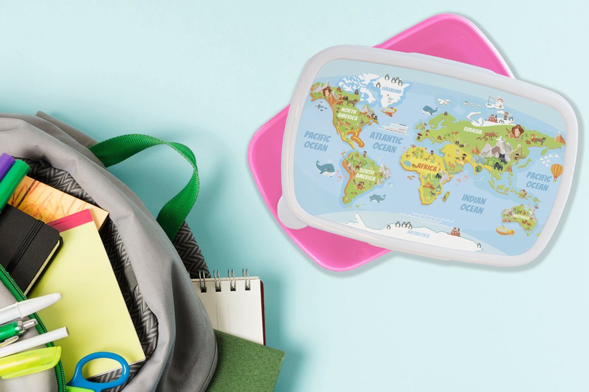 - Kunststoff Mädchen, Brotdose (2-tlg), Weltkarte rosa Snackbox, Kinder, Erwachsene, Tiere, Kinder Lunchbox für Kunststoff, - Brotbox MuchoWow