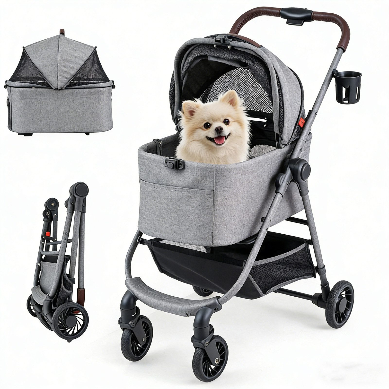 KOMFOTTEU Hundebuggy, Hundewagen mit Rädern, verstellbarem Sonnenschutz, waschbarem Kissen von KOMFOTTEU